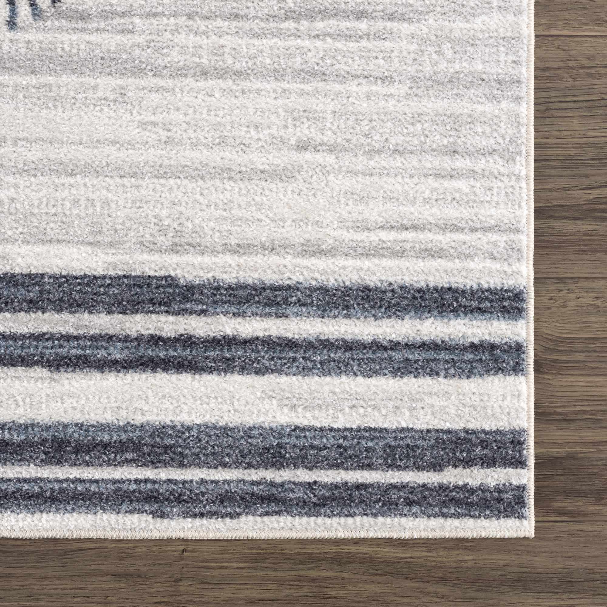 Silver, Ivory and Charcoal Geometrical Stripes Pattern washable Design Rug - Image 12
