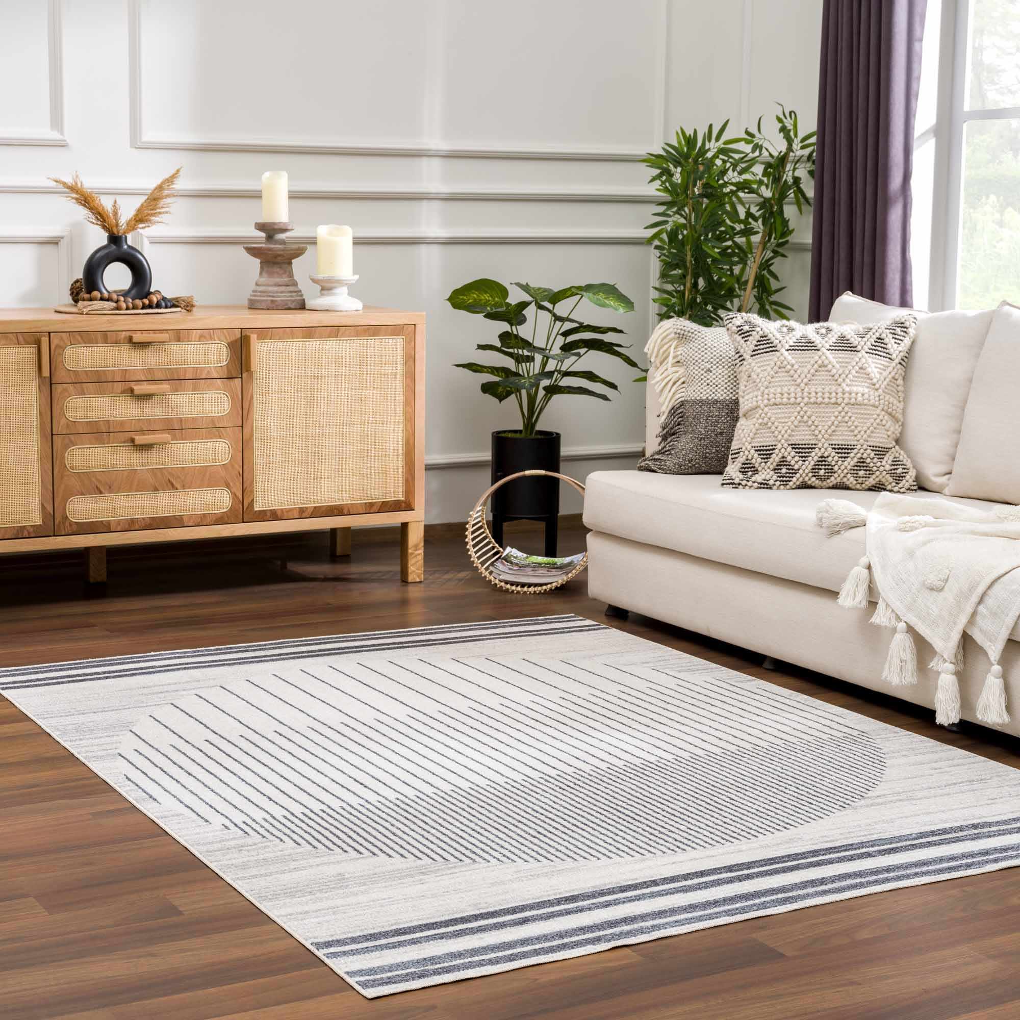 Silver, Ivory and Charcoal Geometrical Stripes Pattern washable Design Rug - Image 2