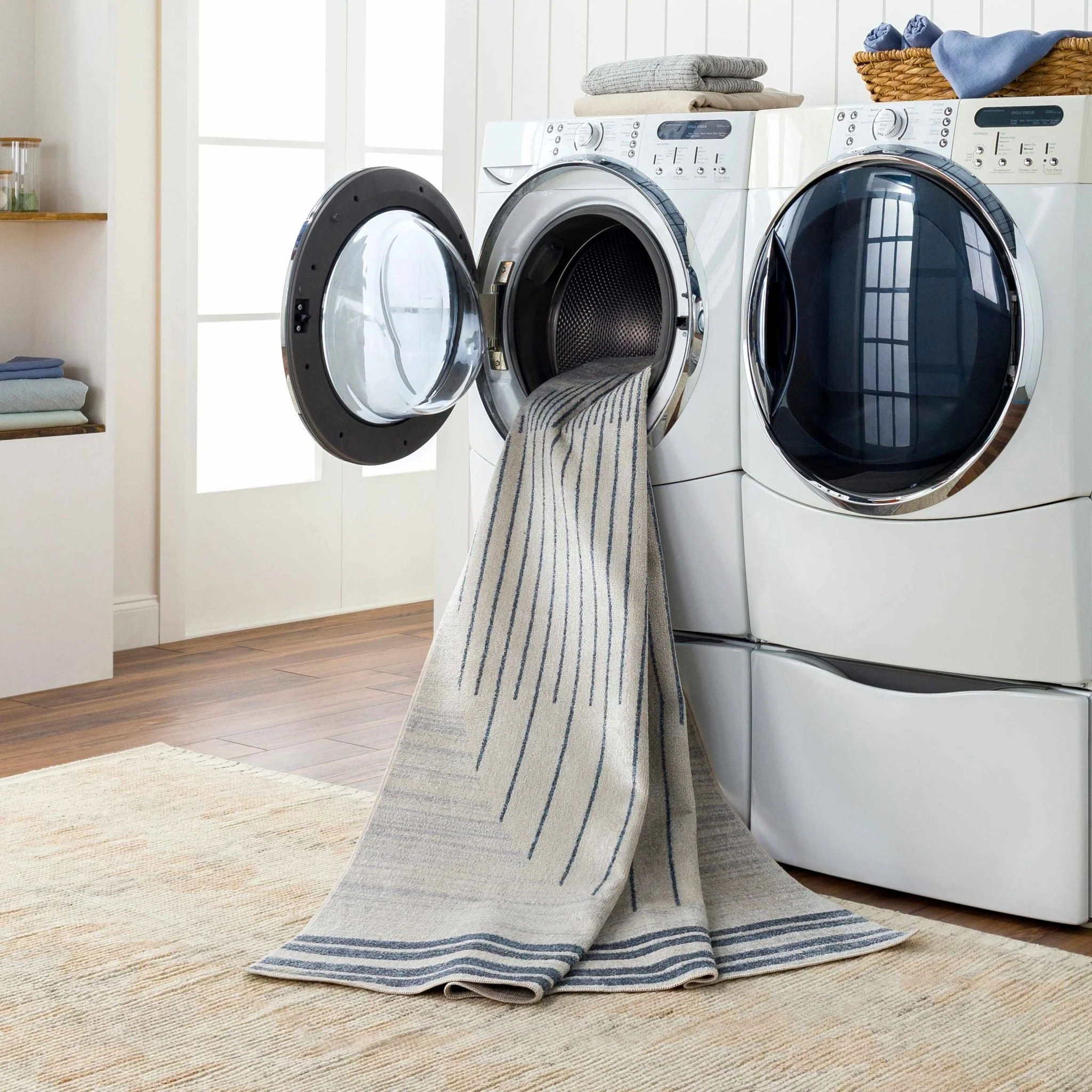 Silver, Ivory and Charcoal Geometrical Stripes Pattern washable Design Rug - Image 20