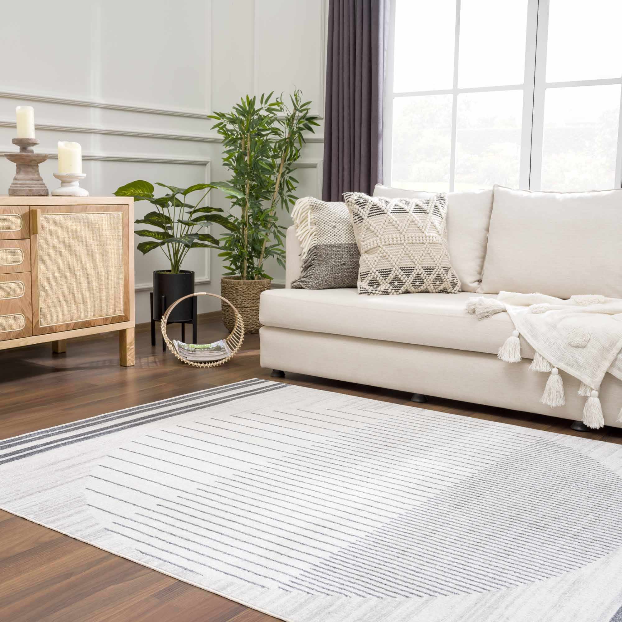 Silver, Ivory and Charcoal Geometrical Stripes Pattern washable Design Rug - Image 21