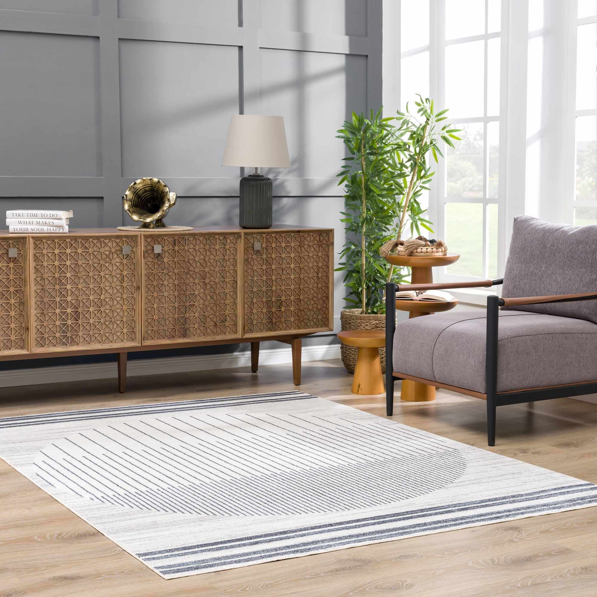Silver, Ivory and Charcoal Geometrical Stripes Pattern washable Design Rug - Image 22