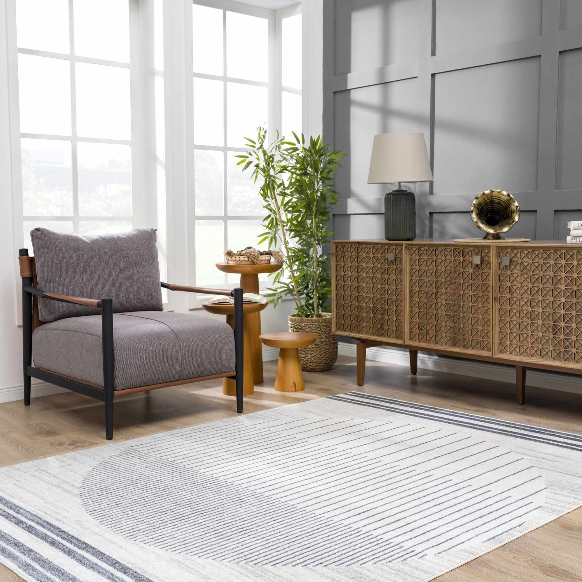 Silver, Ivory and Charcoal Geometrical Stripes Pattern washable Design Rug - Image 23