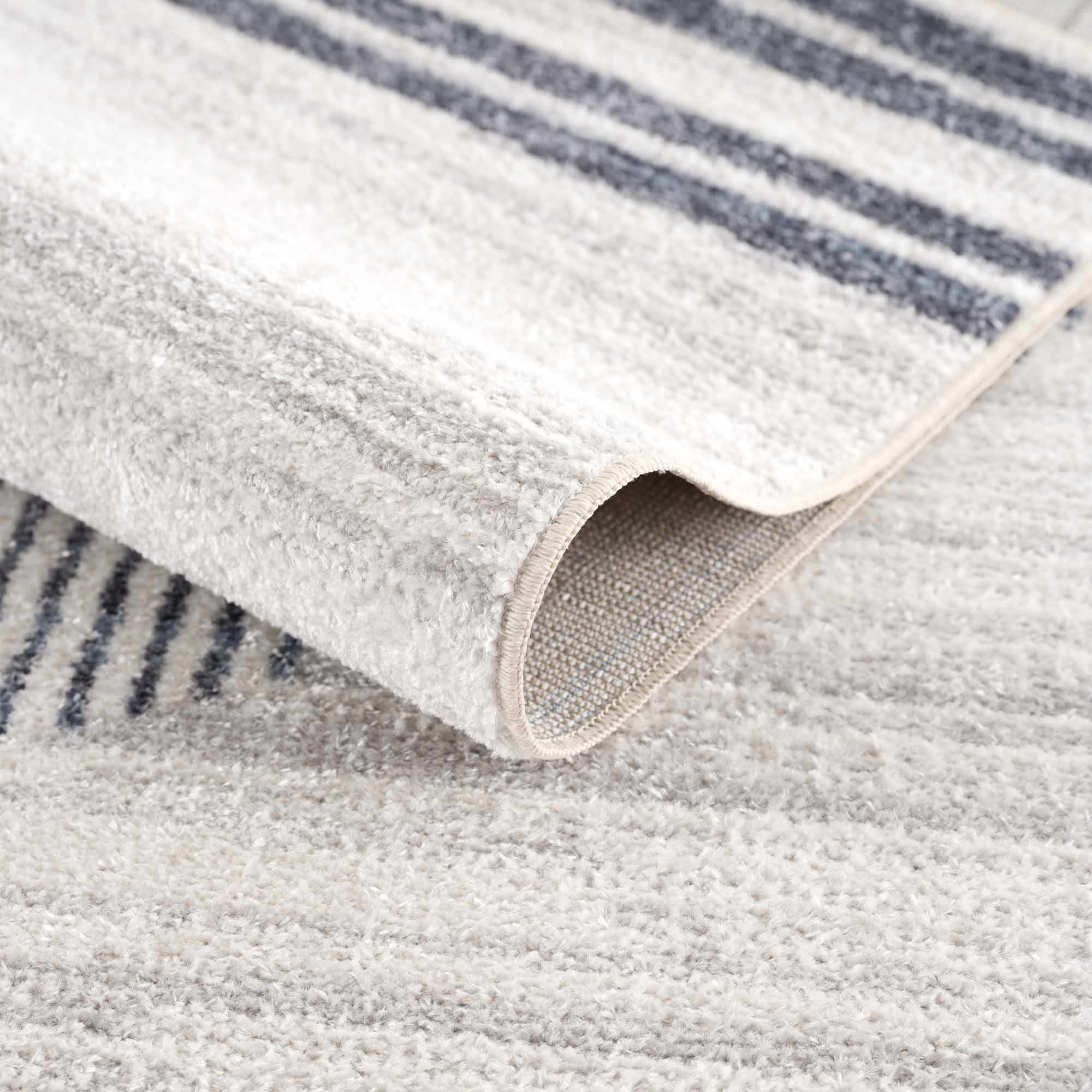 Silver, Ivory and Charcoal Geometrical Stripes Pattern washable Design Rug - Image 3