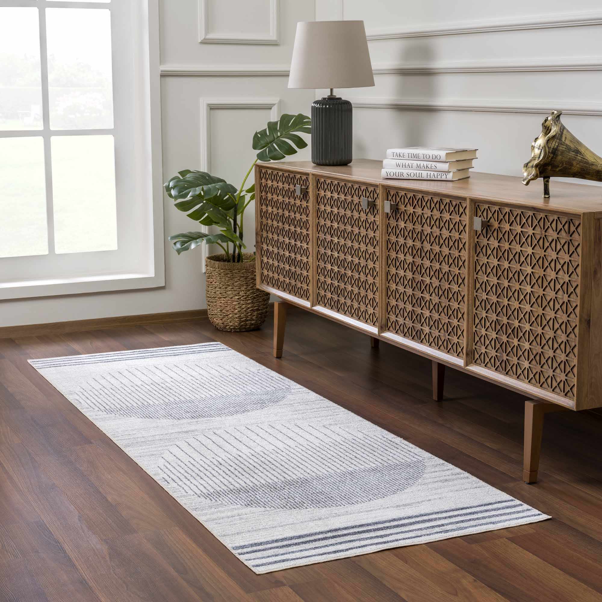 Silver, Ivory and Charcoal Geometrical Stripes Pattern washable Design Rug - Image 6