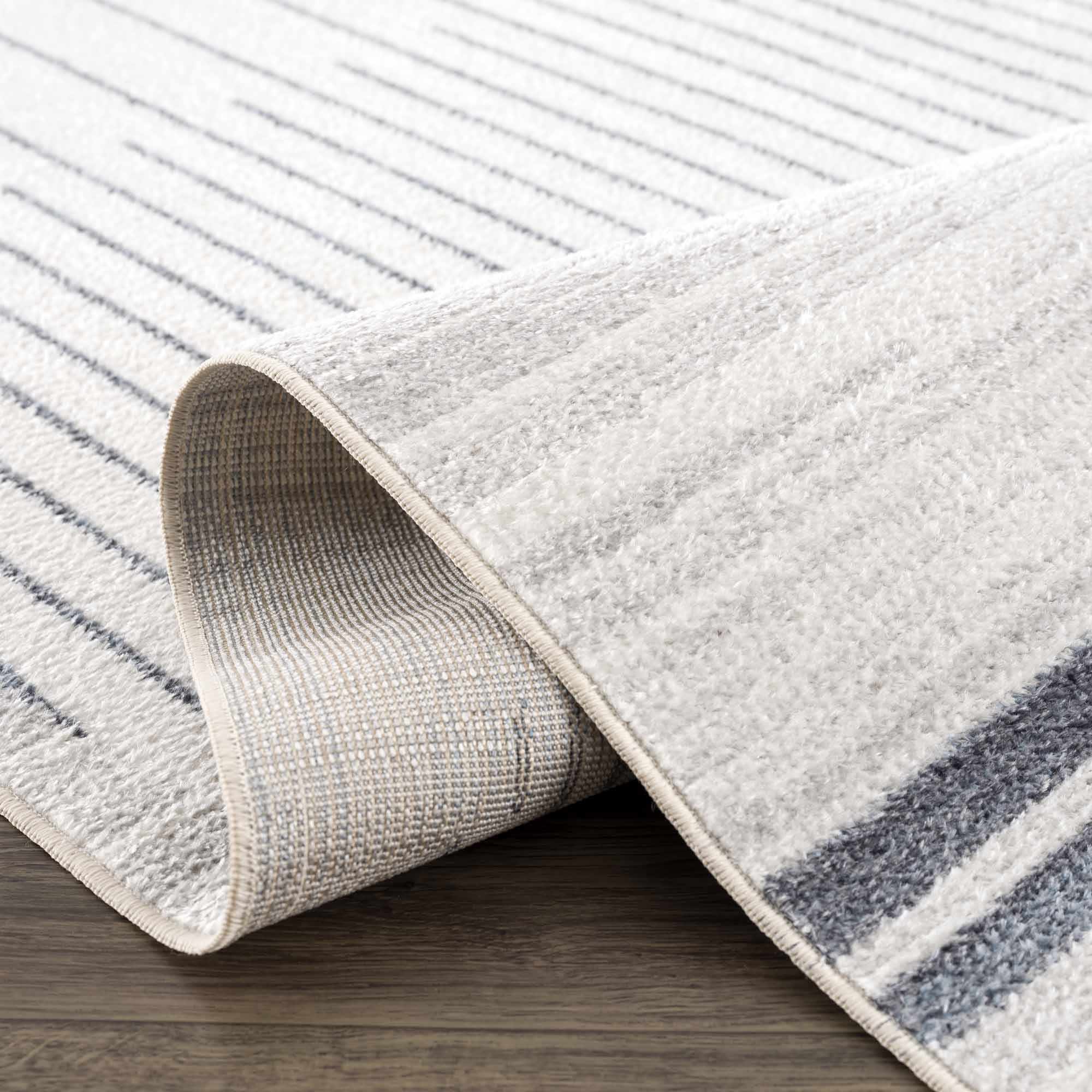 Silver, Ivory and Charcoal Geometrical Stripes Pattern washable Design Rug - Image 7