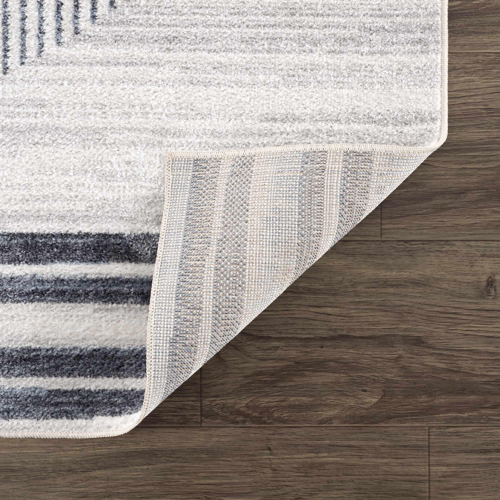 Silver, Ivory and Charcoal Geometrical Stripes Pattern washable Design Rug - Image 9