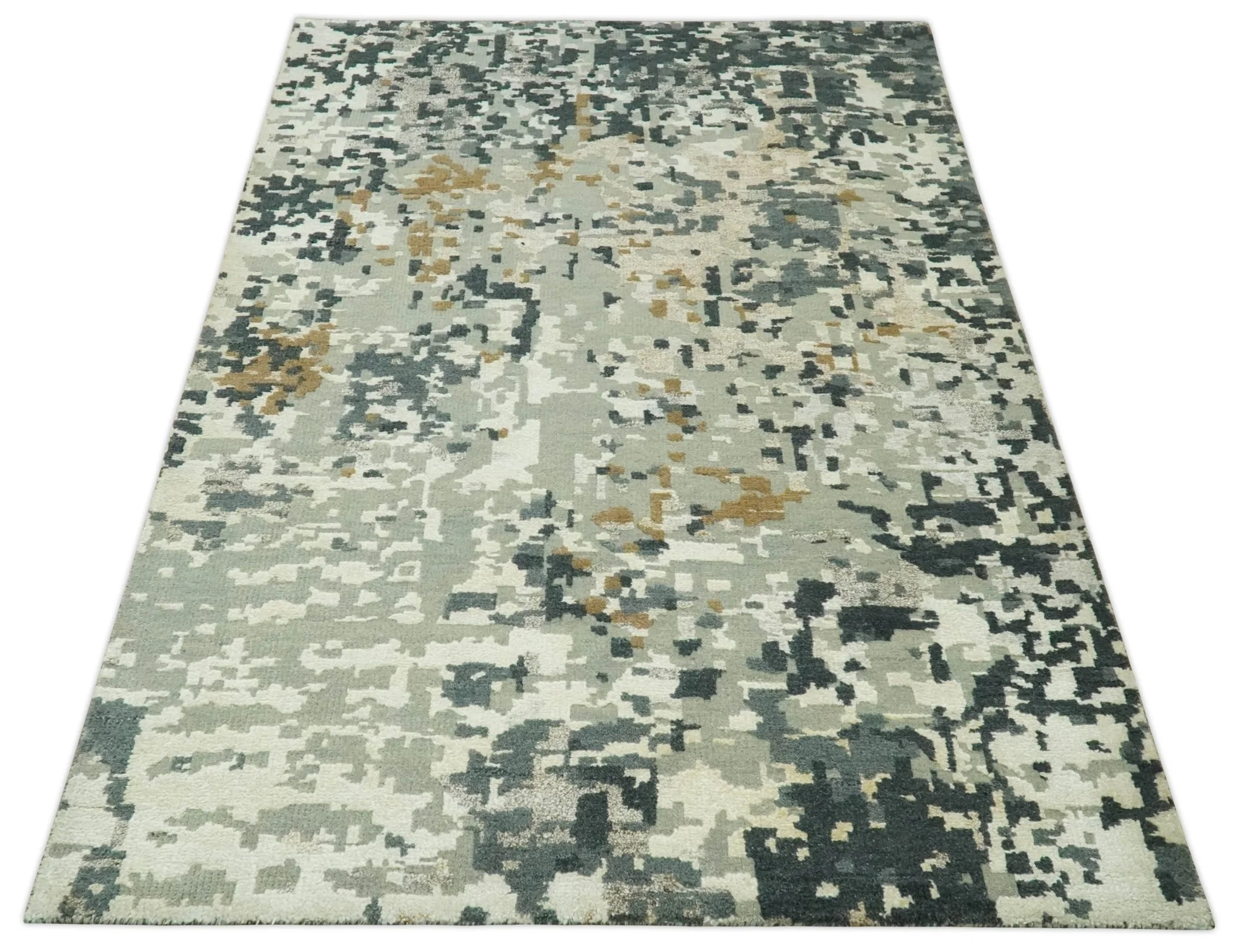 Modern Abstract Silver, Ivory, Charcoal and Olive Hand Knotted 5.6x8 wool Area Rug - Image 10