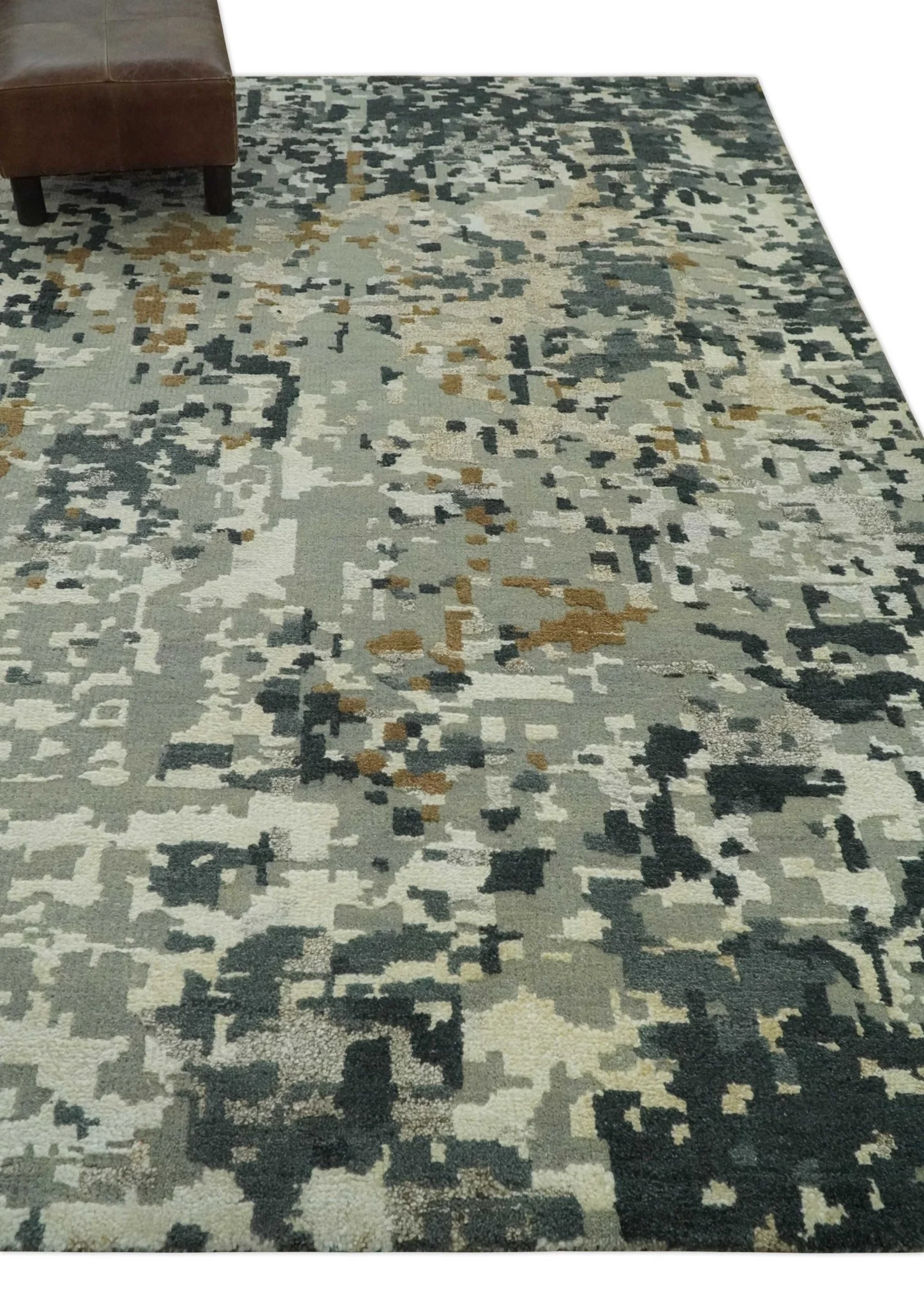 Modern Abstract Silver, Ivory, Charcoal and Olive Hand Knotted 5.6x8 wool Area Rug - Image 3