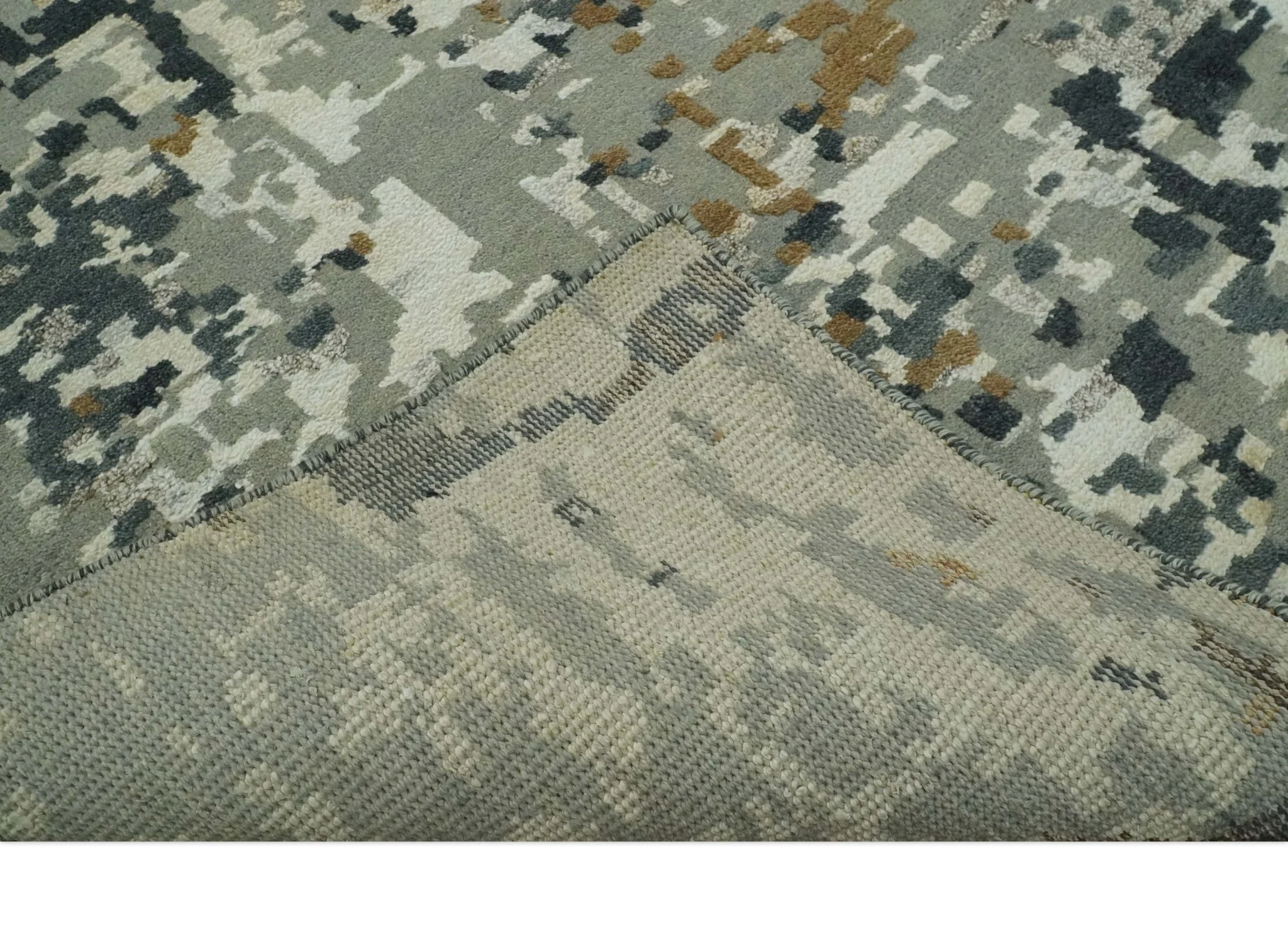 Modern Abstract Silver, Ivory, Charcoal and Olive Hand Knotted 5.6x8 wool Area Rug - Image 7