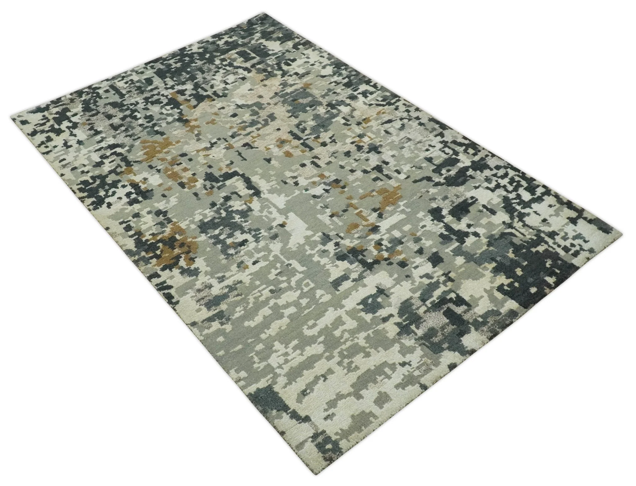 Modern Abstract Silver, Ivory, Charcoal and Olive Hand Knotted 5.6x8 wool Area Rug - Image 9