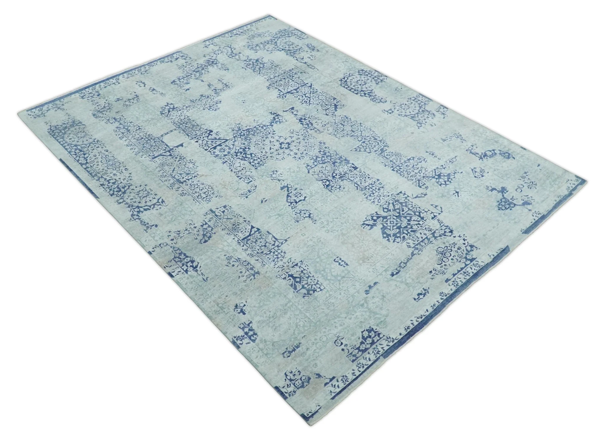Fine Antique Design Silver, Light Teal and Blue transitional Hand Knotted 8x10 wool and Art Silk area Rug - Image 9