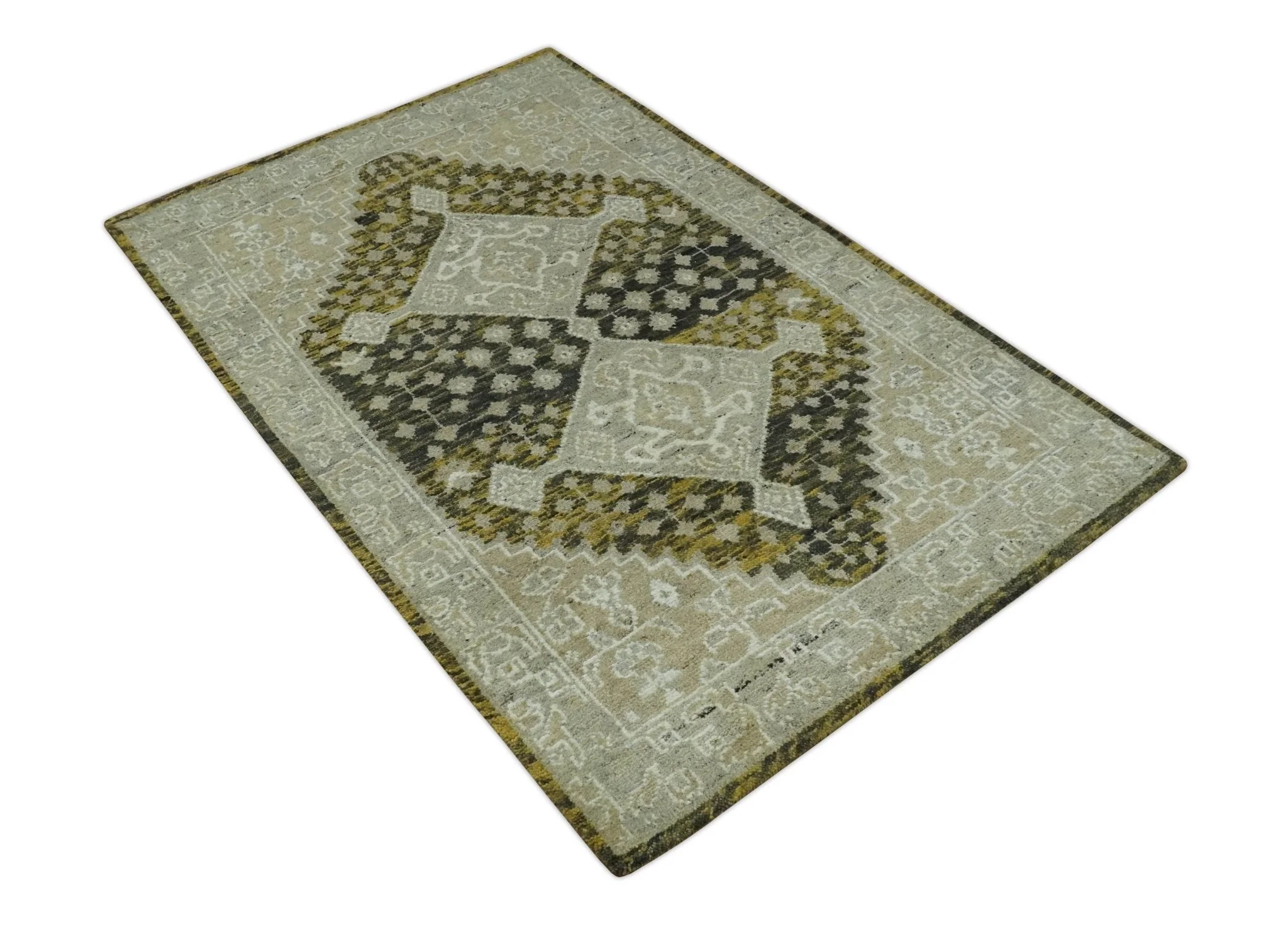 Silver, Beige, Olive and Charcoal Hand Knotted Traditional Heriz 5x8 wool Area Rug - Image 10