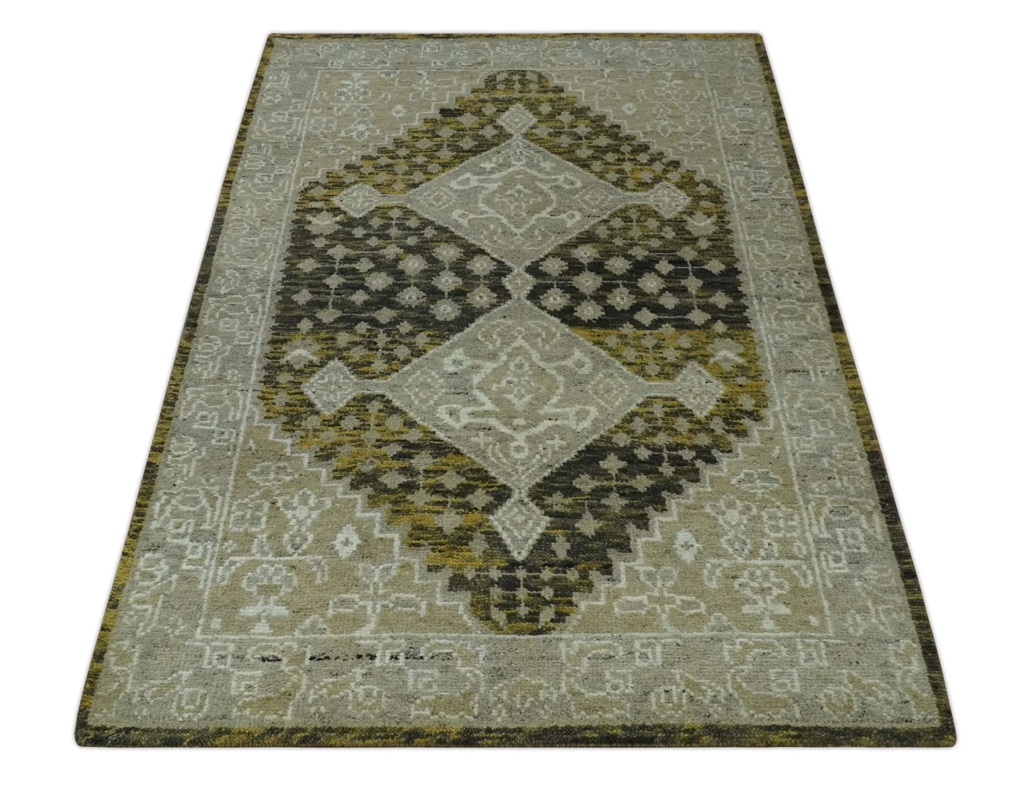 Silver, Beige, Olive and Charcoal Hand Knotted Traditional Heriz 5x8 wool Area Rug - Image 9