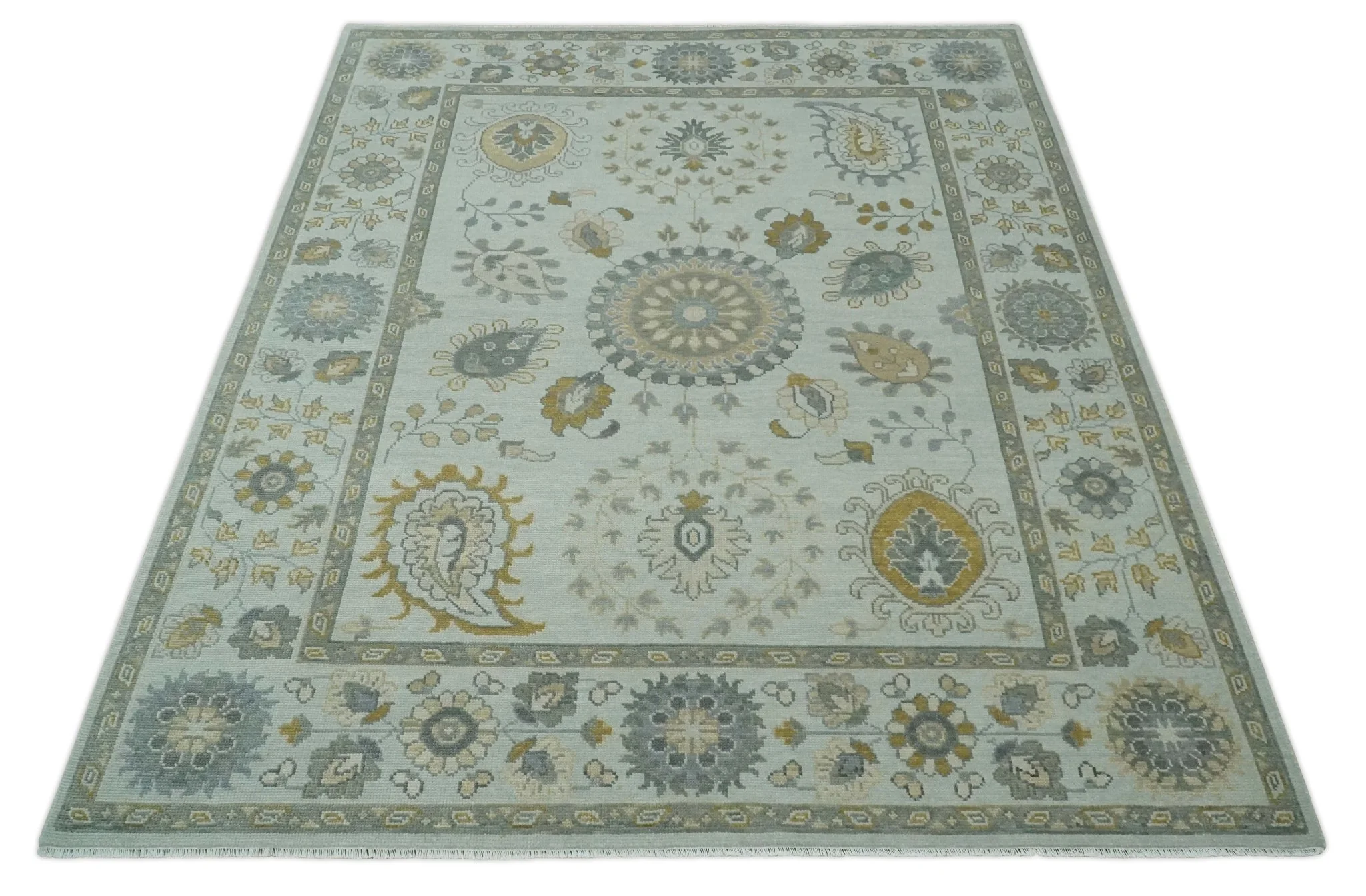 Silver, Olive and Gray Floral Herati Medallion Hand knotted Custom Made wool Area Rug - Image 9