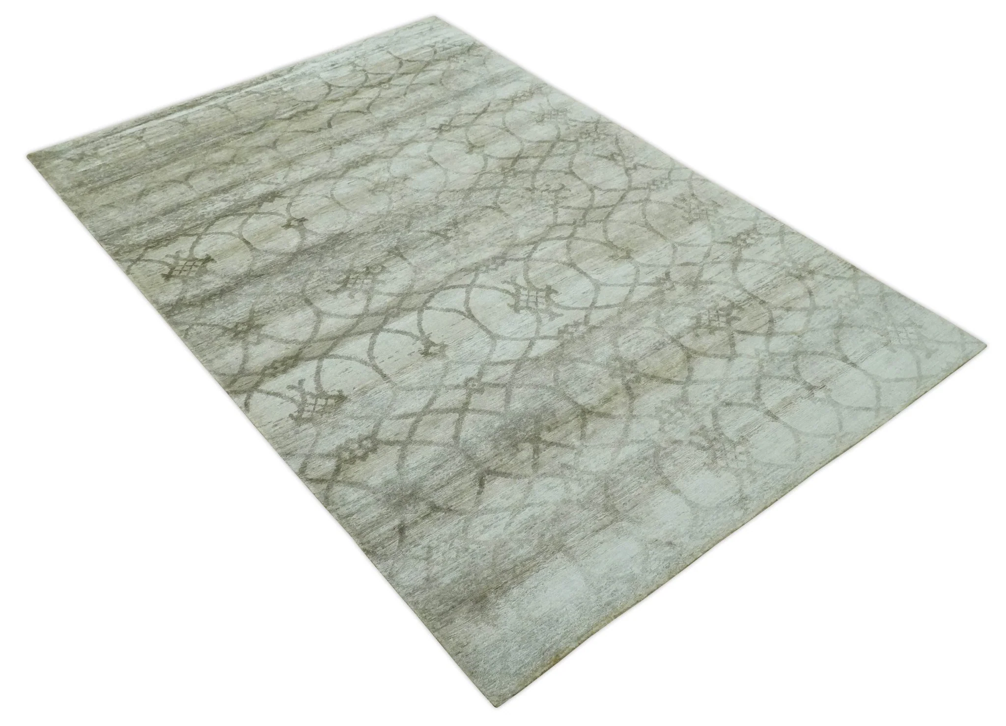 Silver, Olive and Gray Traditional Ikat Design 6x9 Hand loom Bamboo Silk Area Rug - Image 10