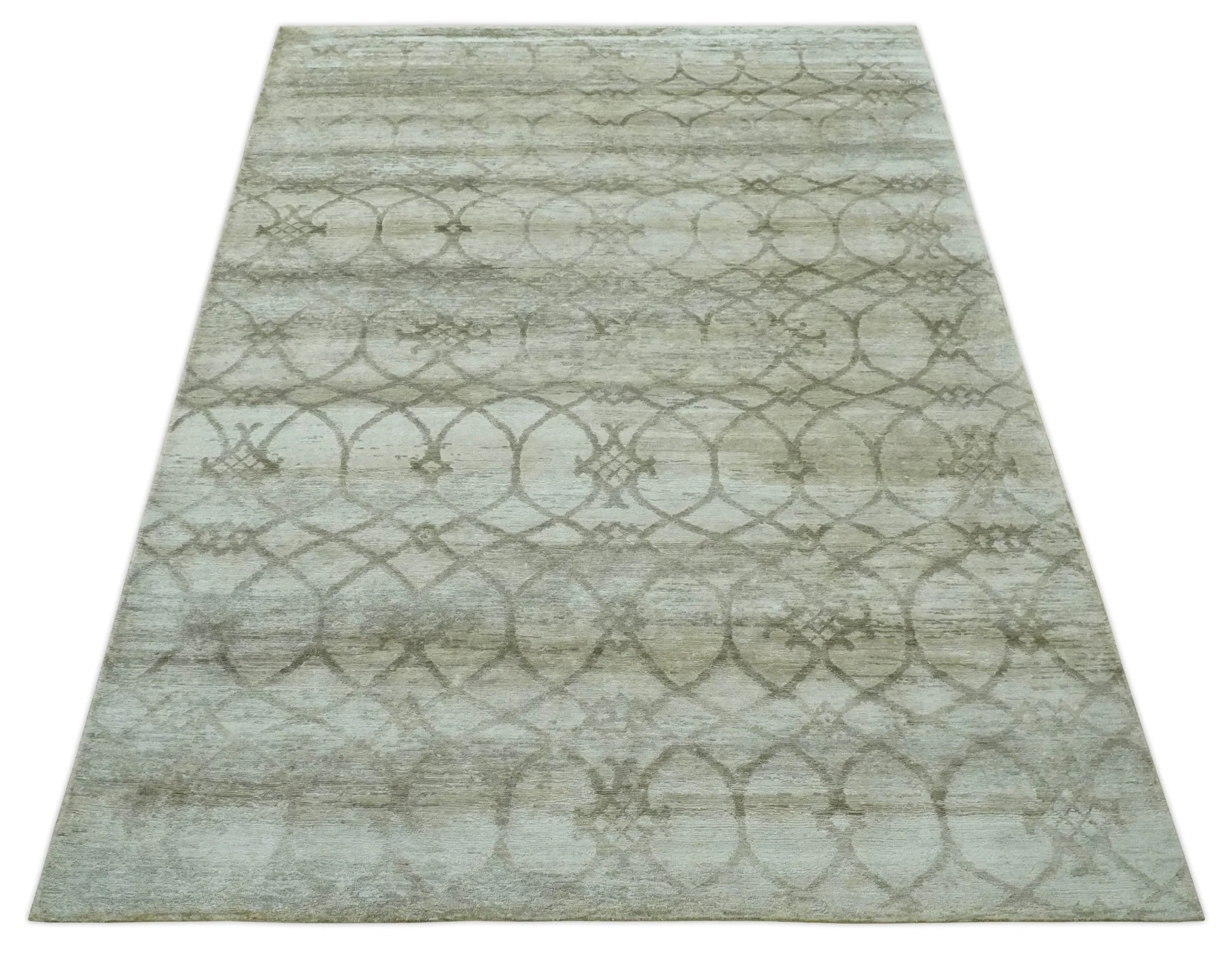 Silver, Olive and Gray Traditional Ikat Design 6x9 Hand loom Bamboo Silk Area Rug - Image 11