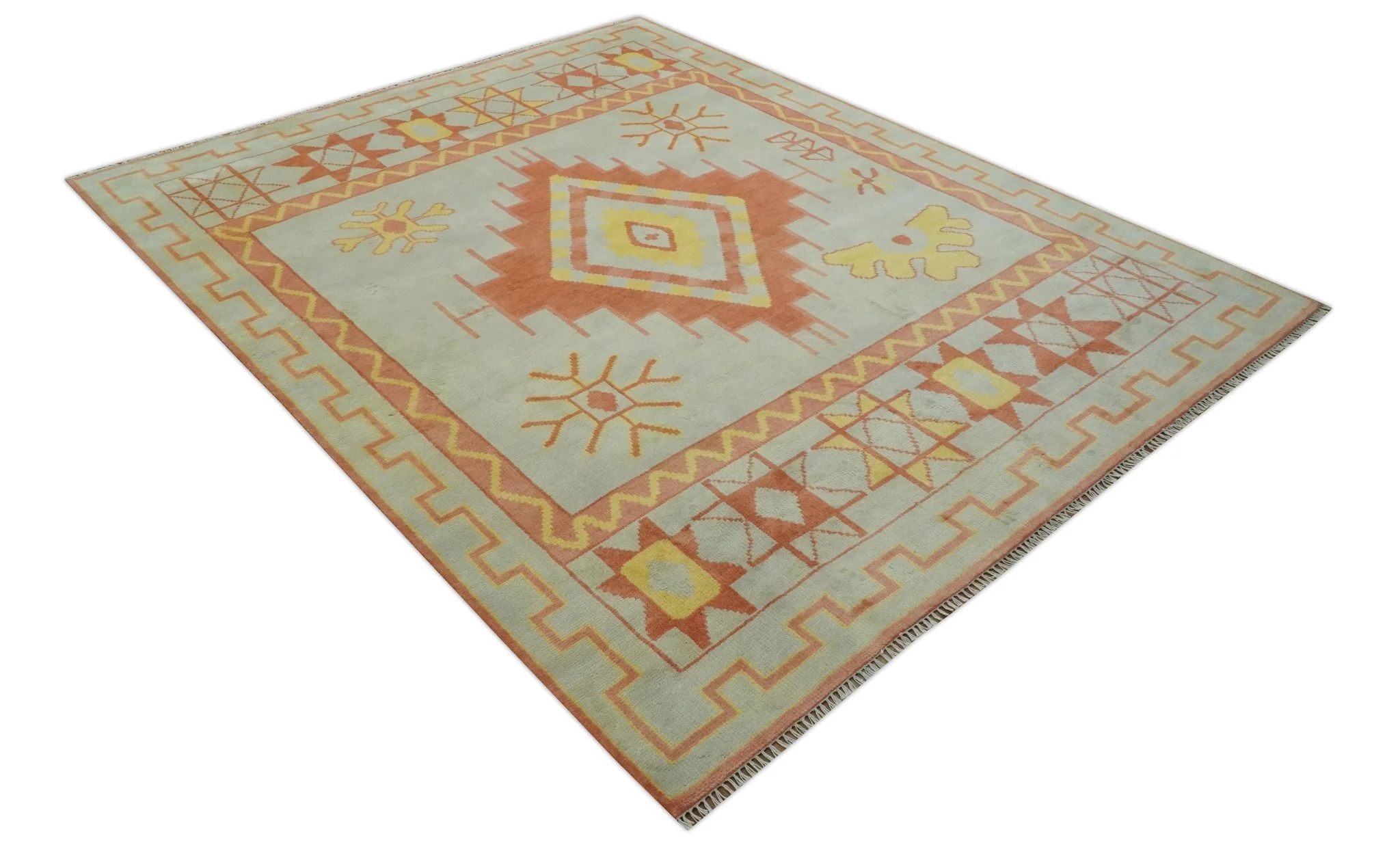 Custom Made Hand Knotted Silver, Peach and Mustard Southwestern wool area rug - Image 9