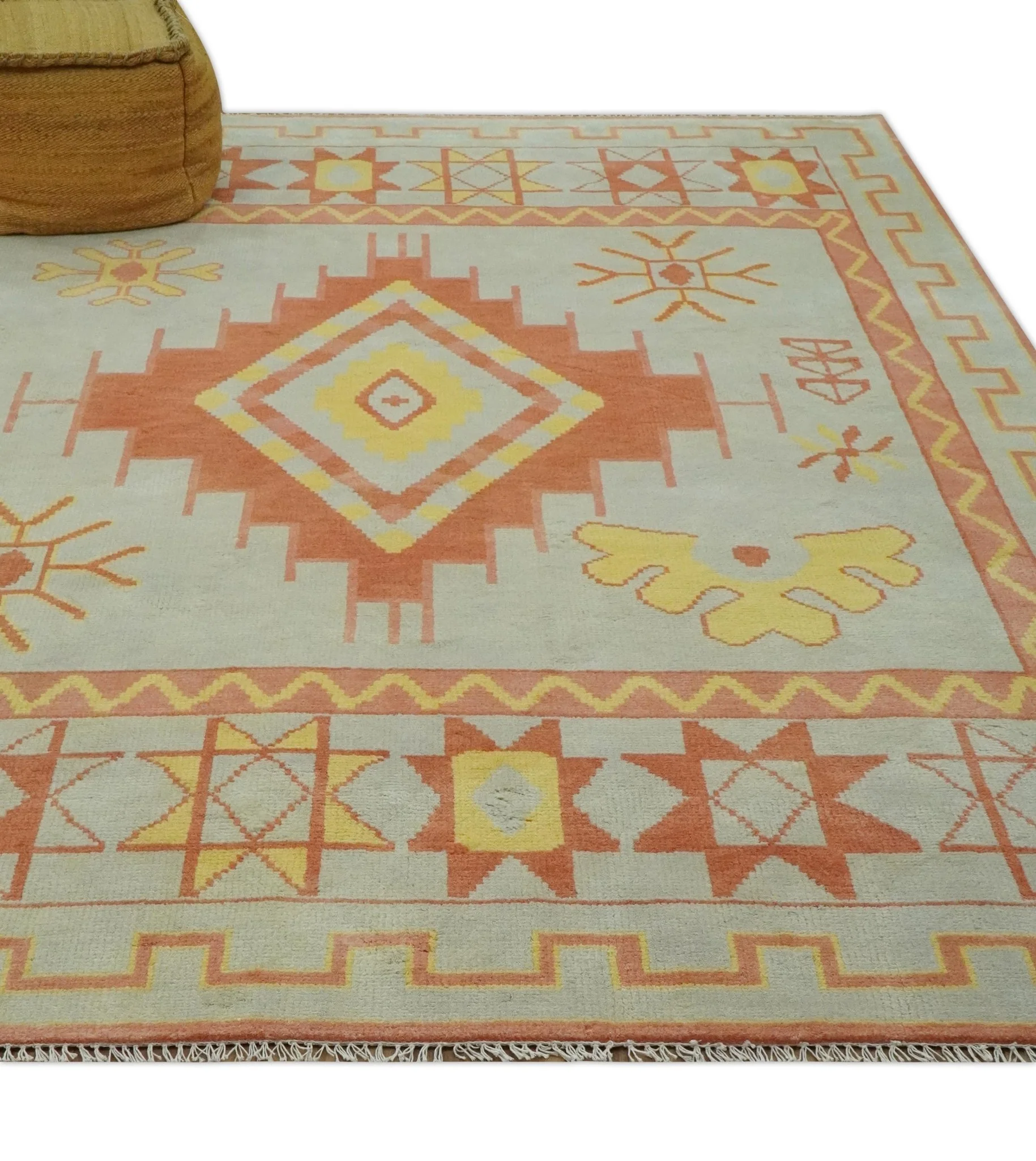 Hand Knotted 8x10 Silver, Peach and Mustard Southwestern wool area rug - Image 3