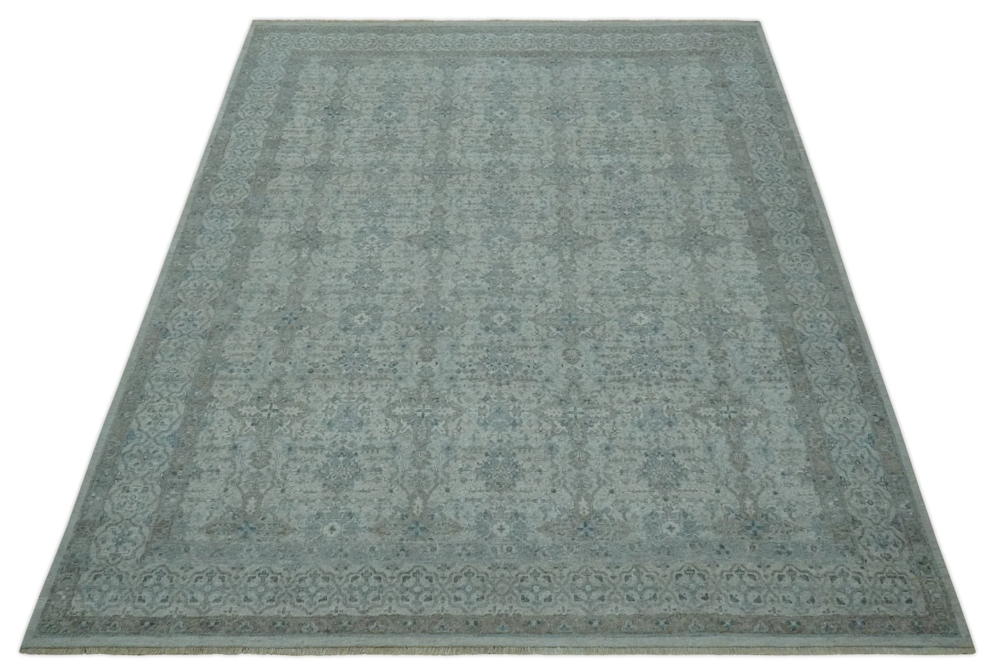 Antique Distress finish Silver, Teal and Brown Hand Knotted Traditional 8x10 wool Rug - Image 10