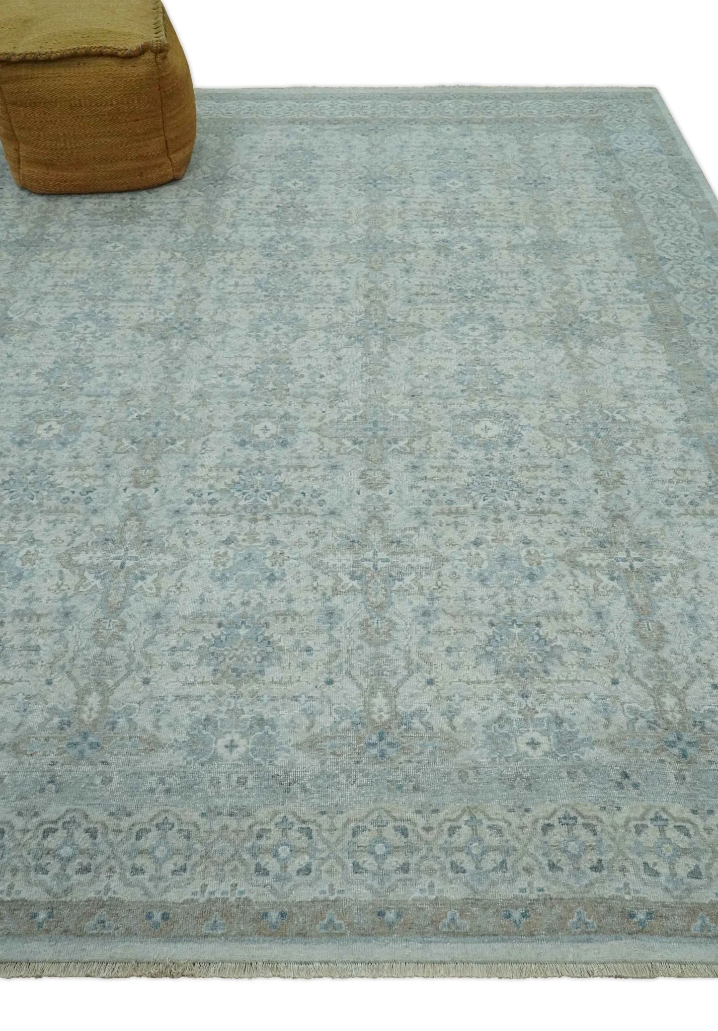 Antique Distress finish Silver, Teal and Brown Hand Knotted Traditional 8x10 wool Rug - Image 3