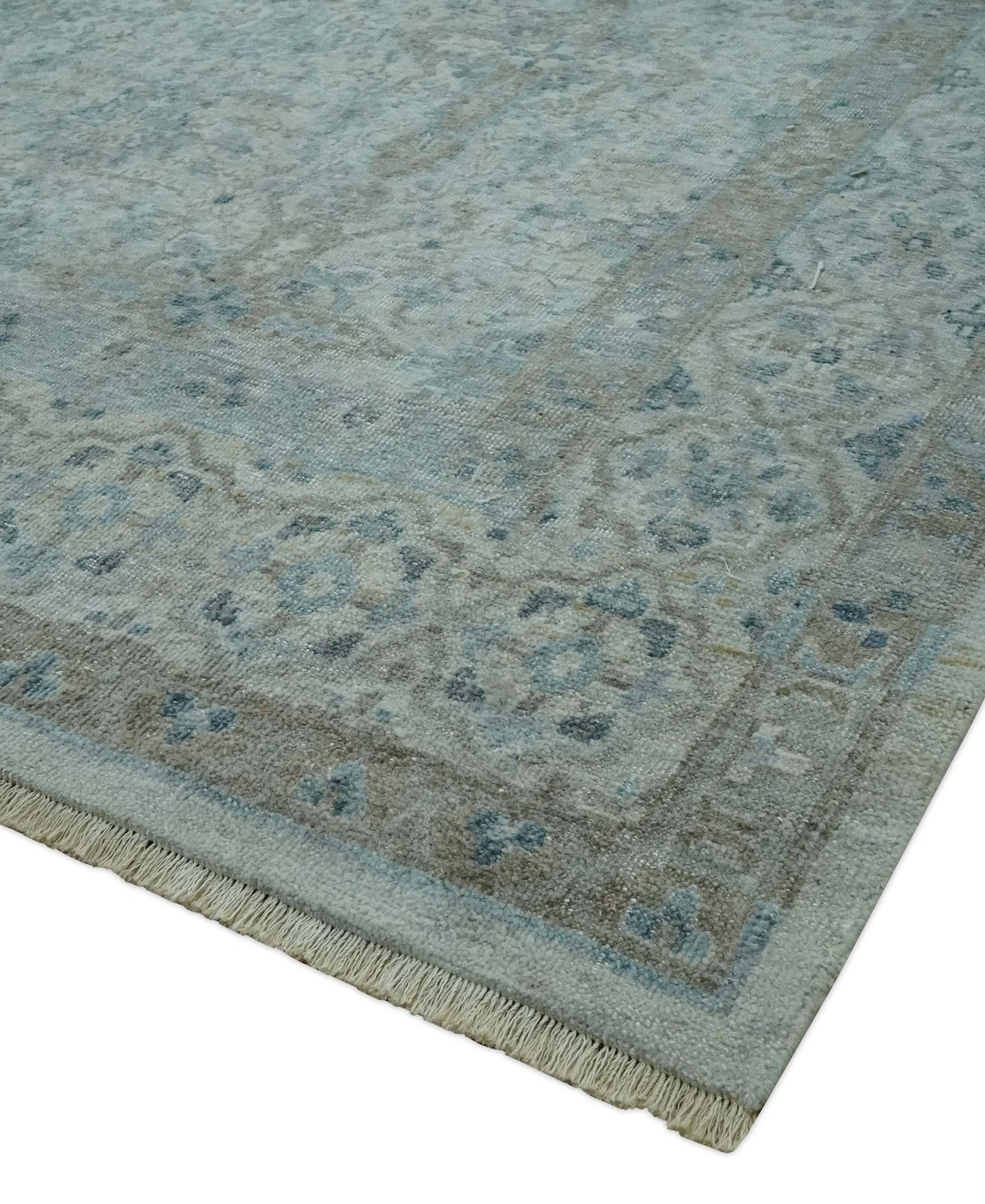 Antique Distress finish Silver, Teal and Brown Hand Knotted Traditional 8x10 wool Rug - Image 5