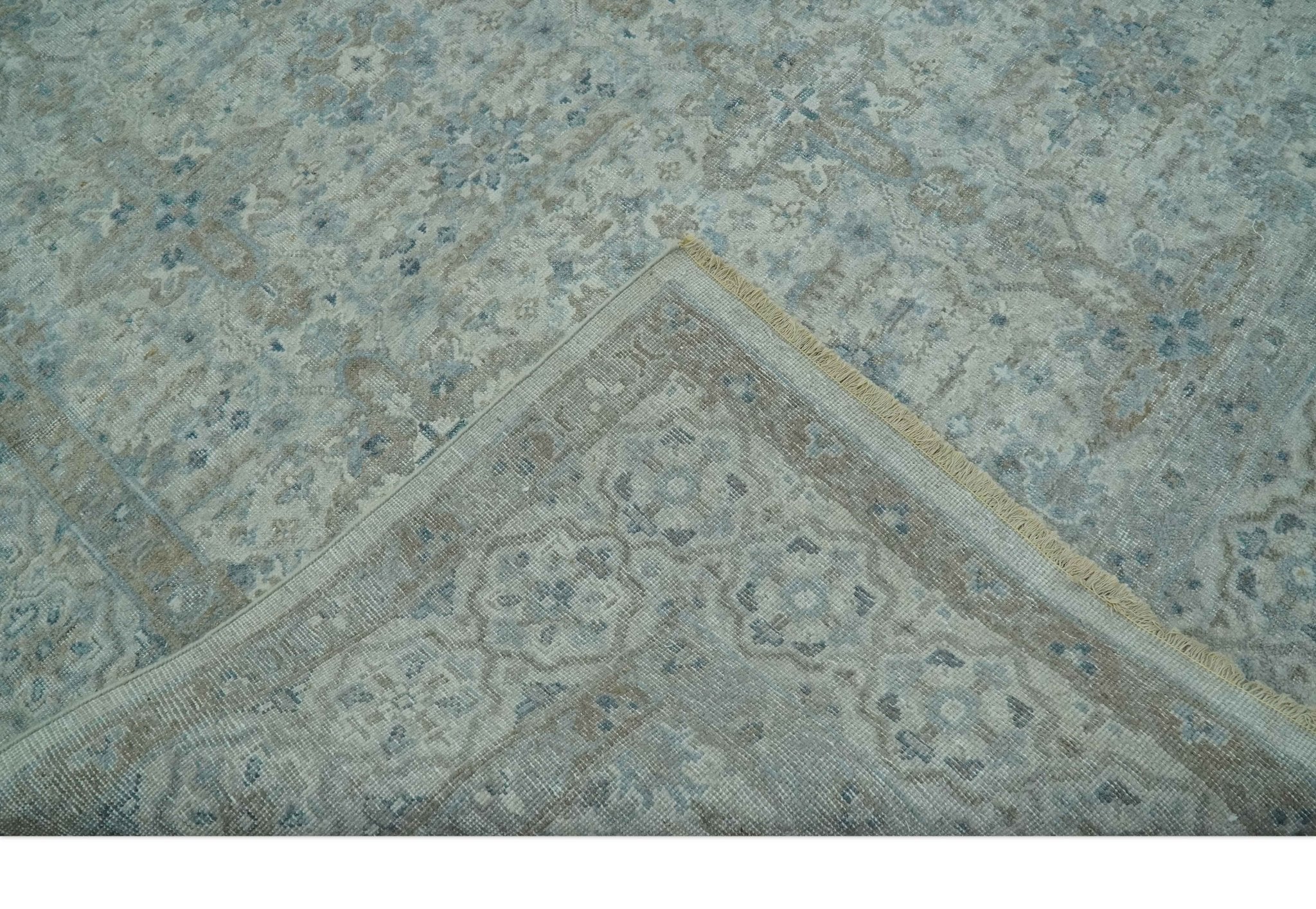 Antique Distress finish Silver, Teal and Brown Hand Knotted Traditional 8x10 wool Rug - Image 7