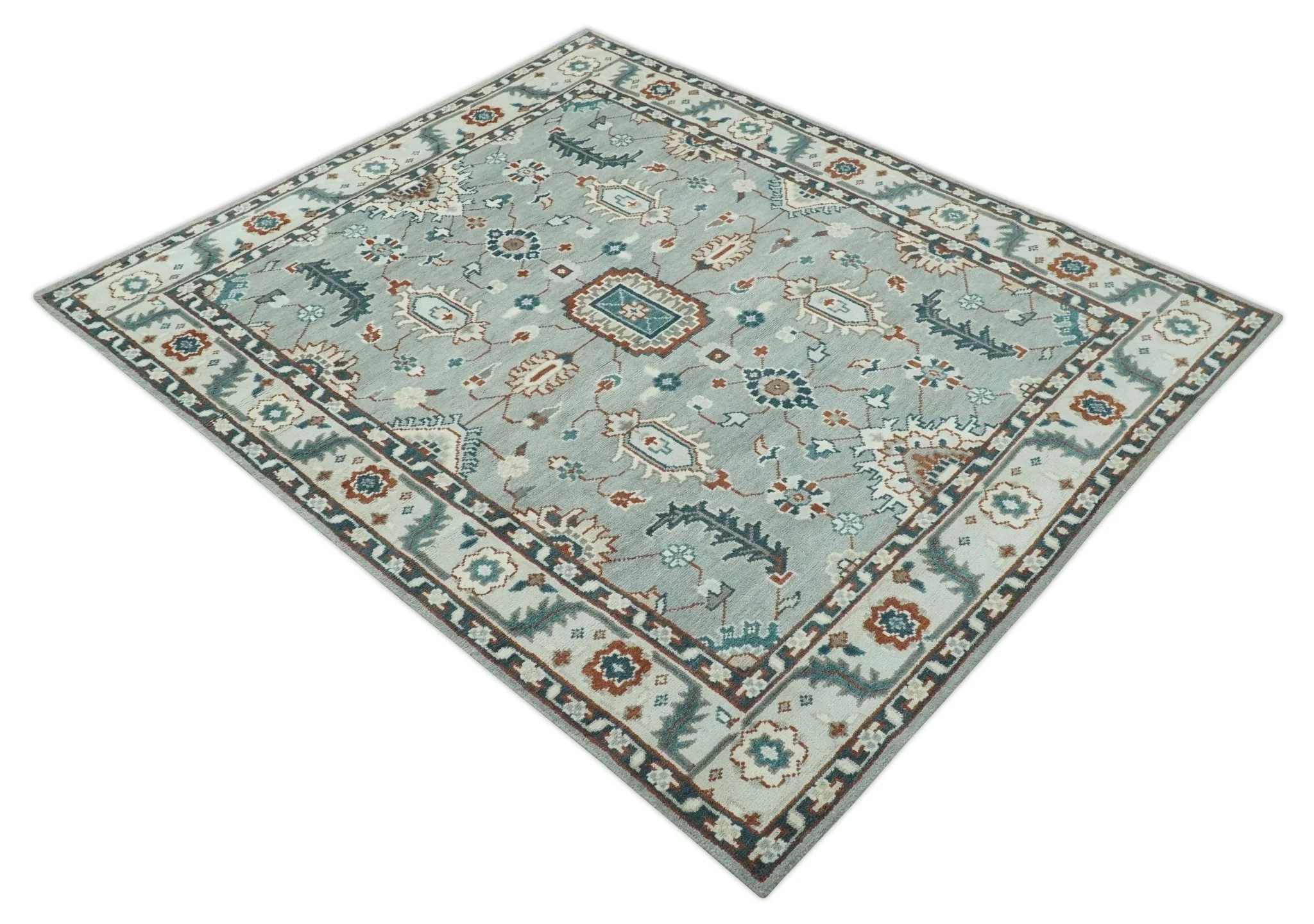 Custom Made Hand Knotted Silver, Teal, Ivory and Brown Traditional Oriental Oushak wool area Rug - Image 10