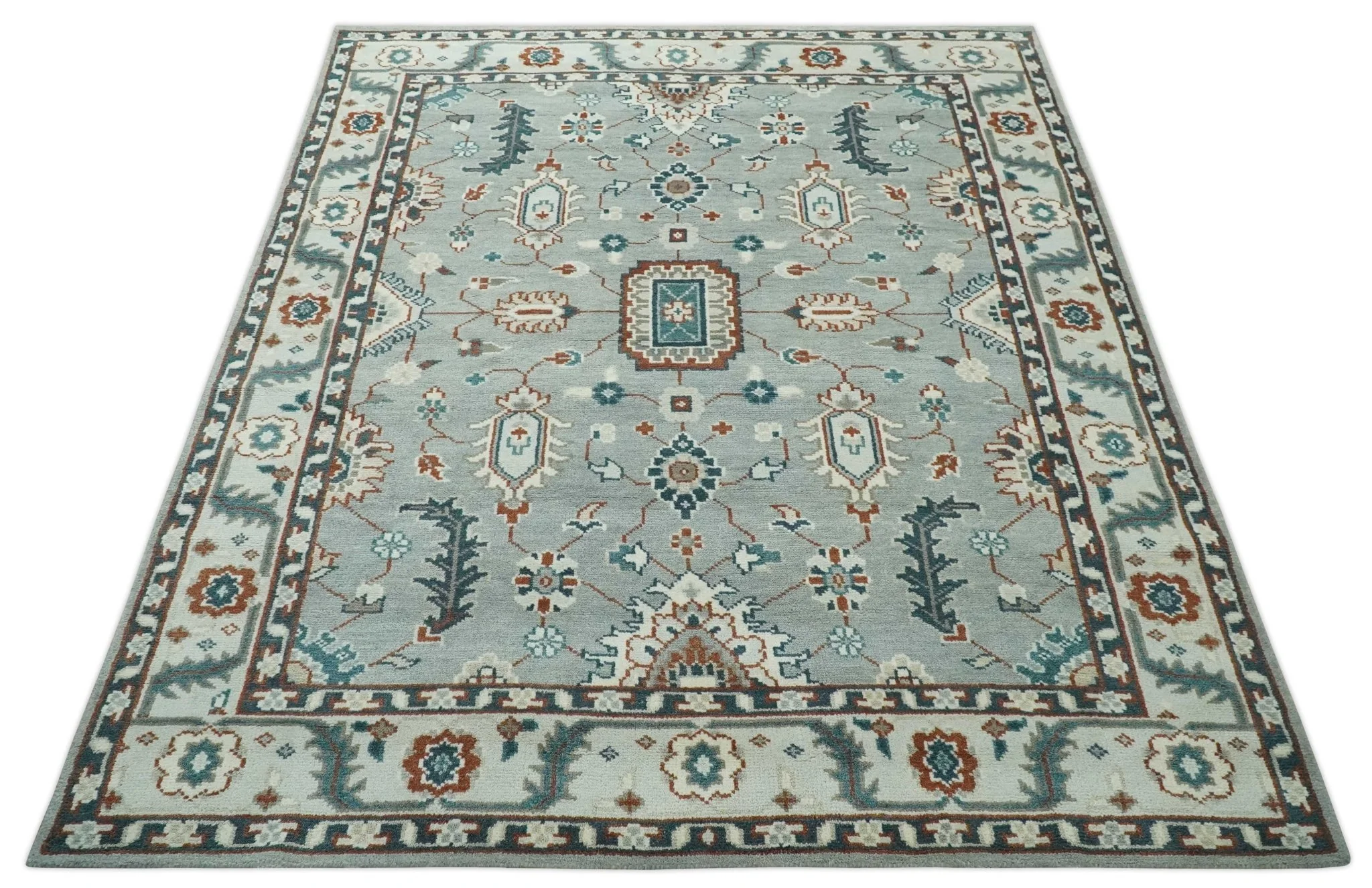 Custom Made Hand Knotted Silver, Teal, Ivory and Brown Traditional Oriental Oushak wool area Rug - Image 11