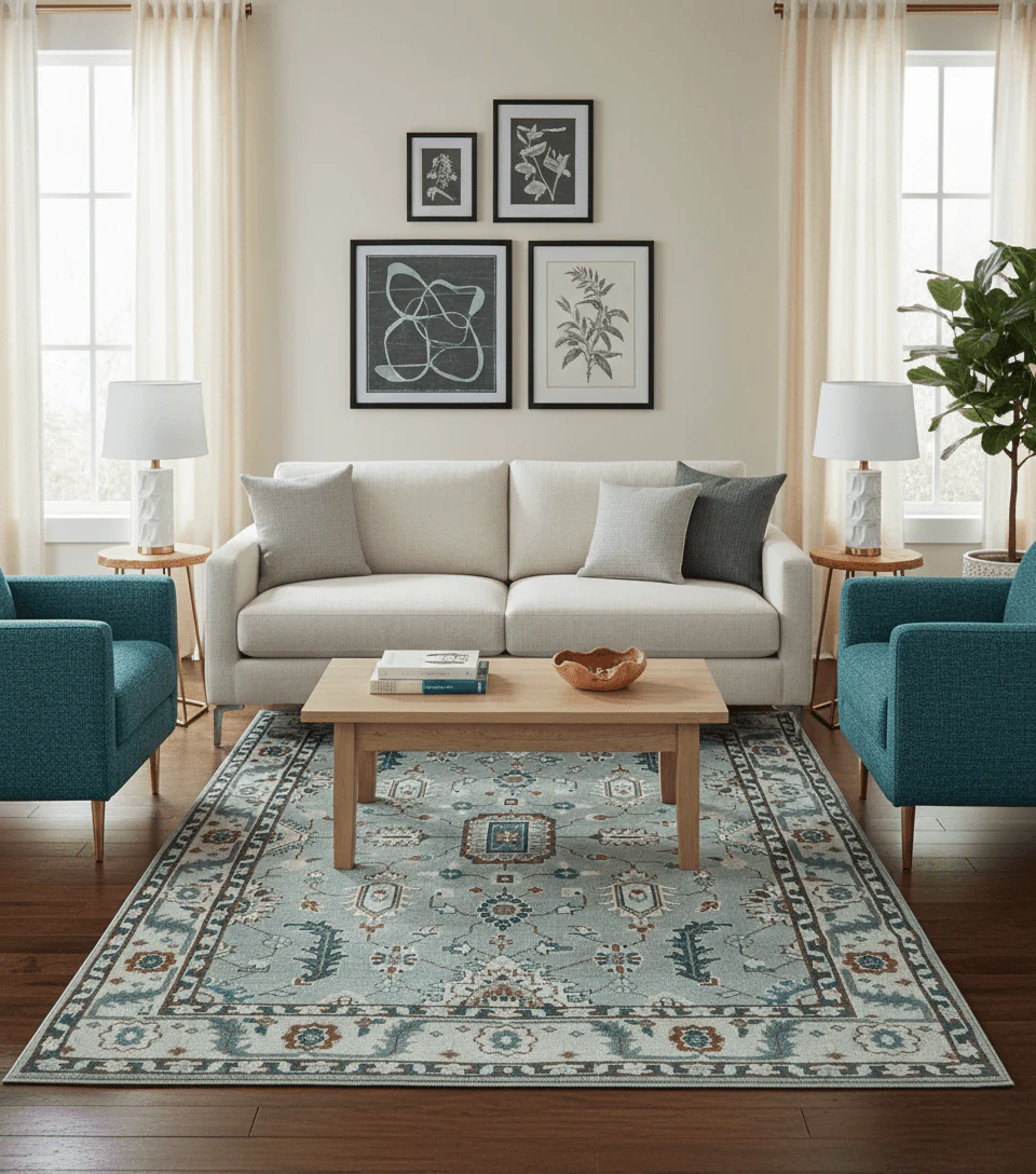 Custom Made Hand Knotted Silver, Teal, Ivory and Brown Traditional Oriental Oushak wool area Rug - Image 2