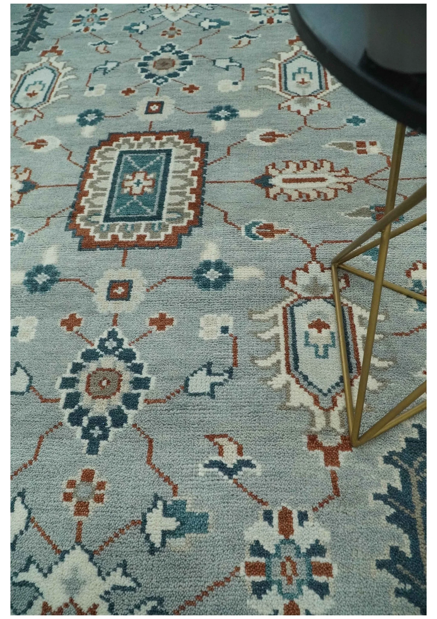 Custom Made Hand Knotted Silver, Teal, Ivory and Brown Traditional Oriental Oushak wool area Rug - Image 3
