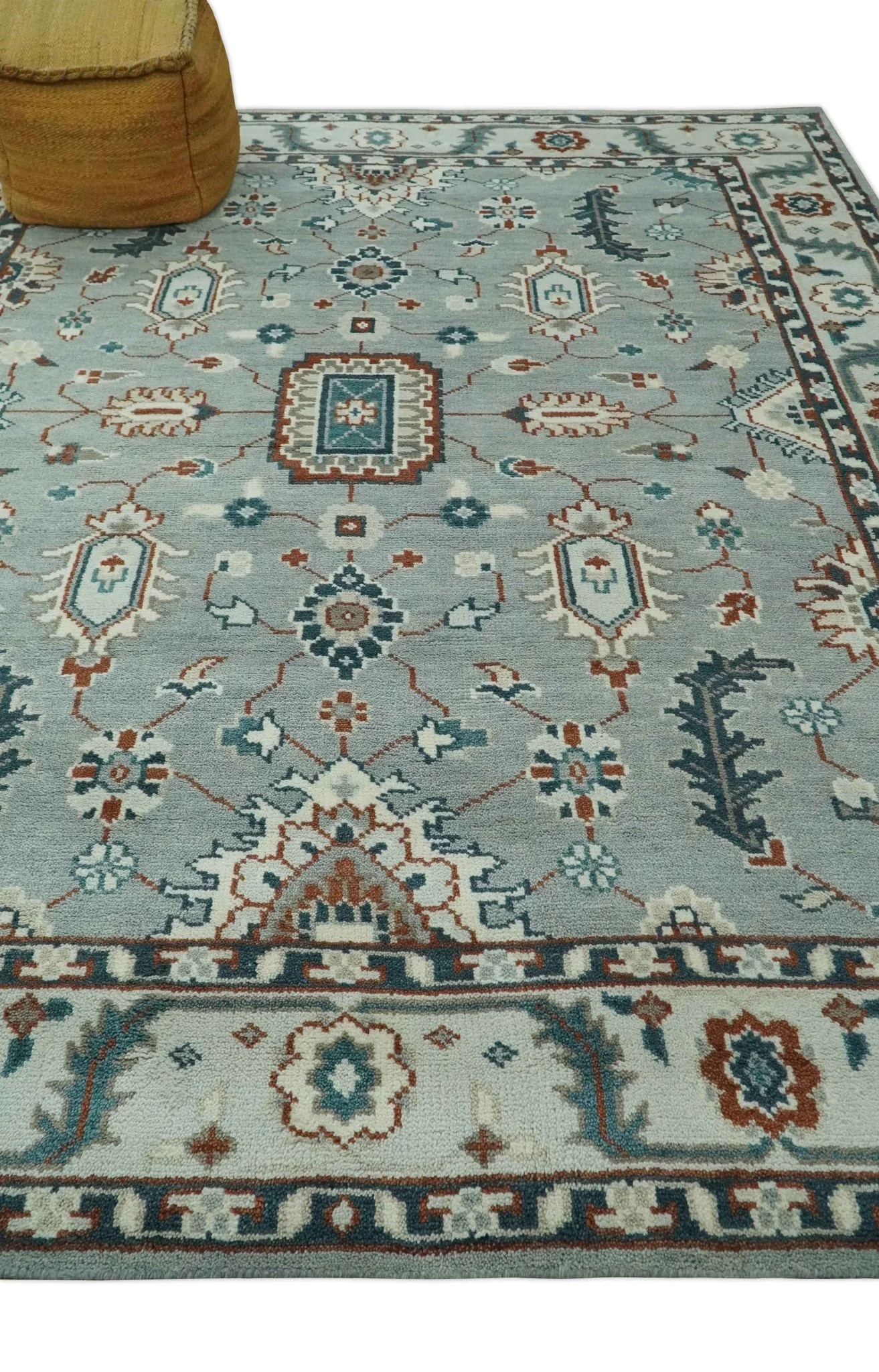 Custom Made Hand Knotted Silver, Teal, Ivory and Brown Traditional Oriental Oushak wool area Rug - Image 4
