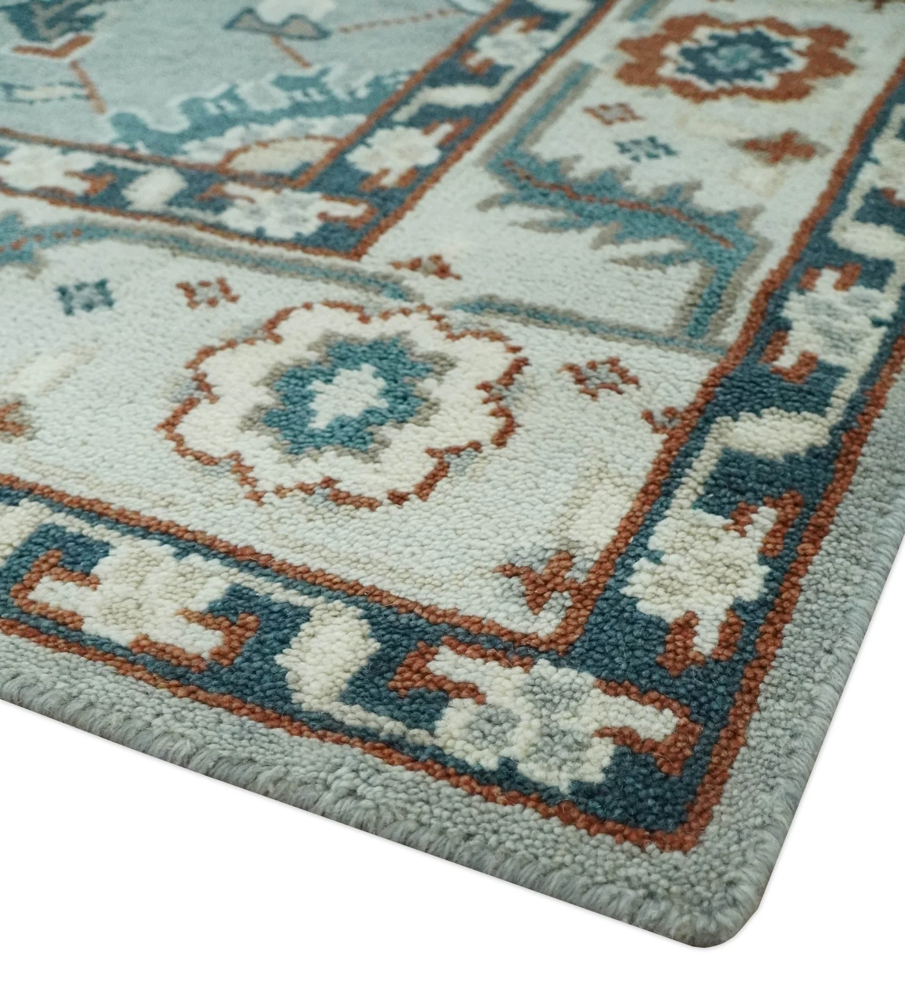 Custom Made Hand Knotted Silver, Teal, Ivory and Brown Traditional Oriental Oushak wool area Rug - Image 6