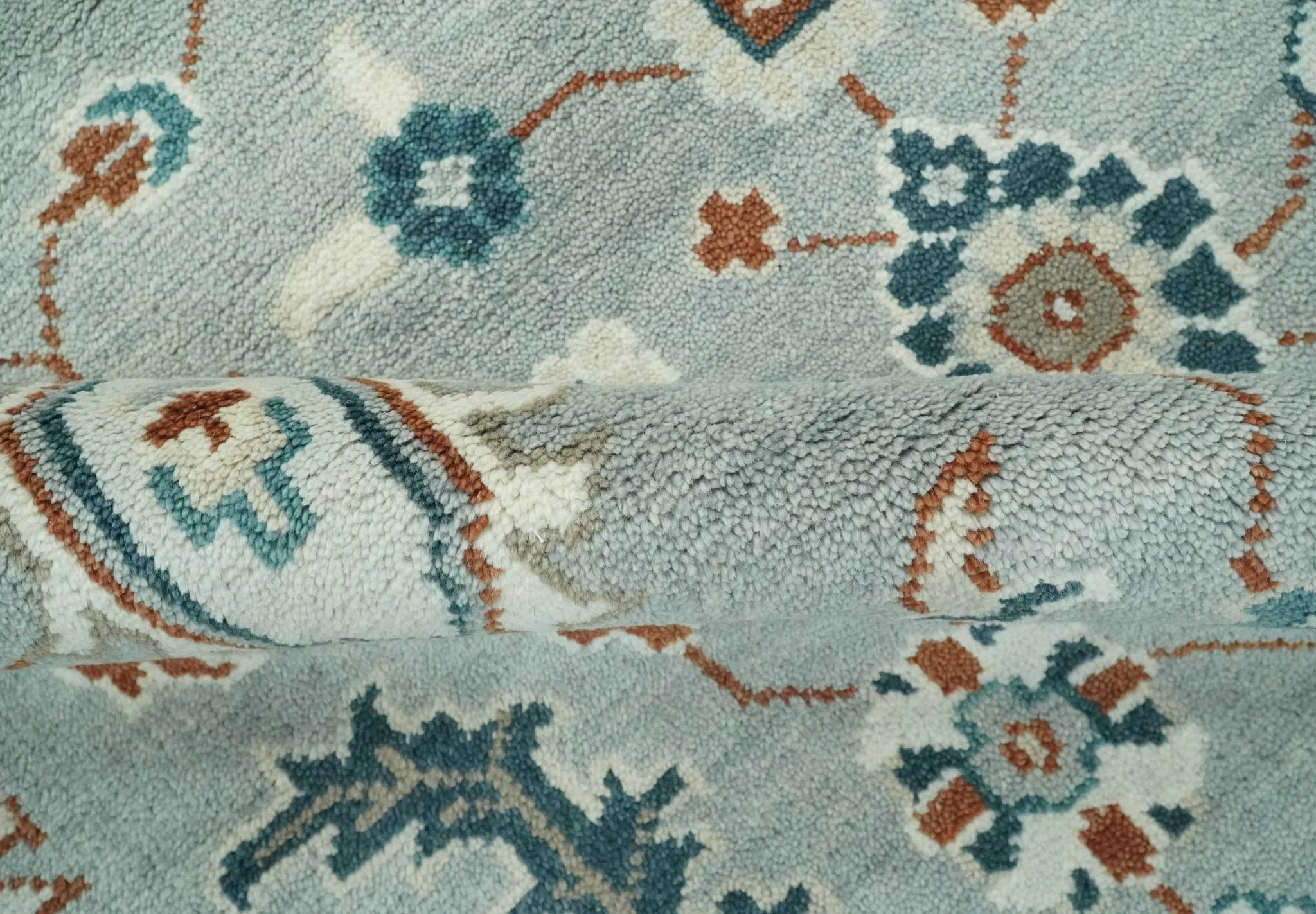 Custom Made Hand Knotted Silver, Teal, Ivory and Brown Traditional Oriental Oushak wool area Rug - Image 7