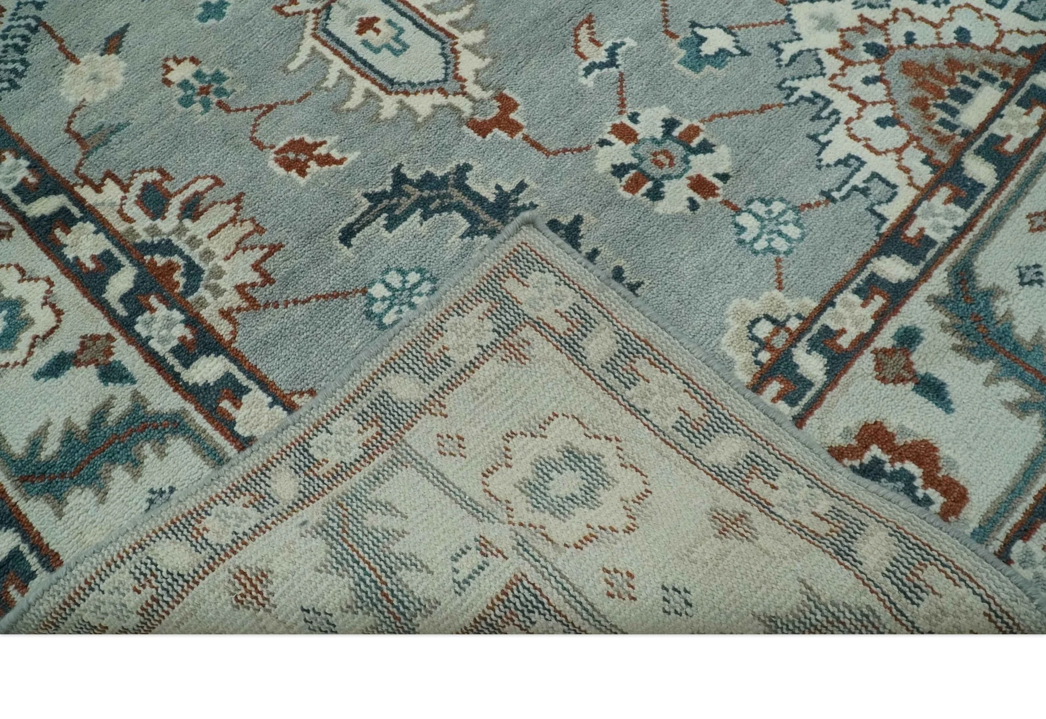 Custom Made Hand Knotted Silver, Teal, Ivory and Brown Traditional Oriental Oushak wool area Rug - Image 8