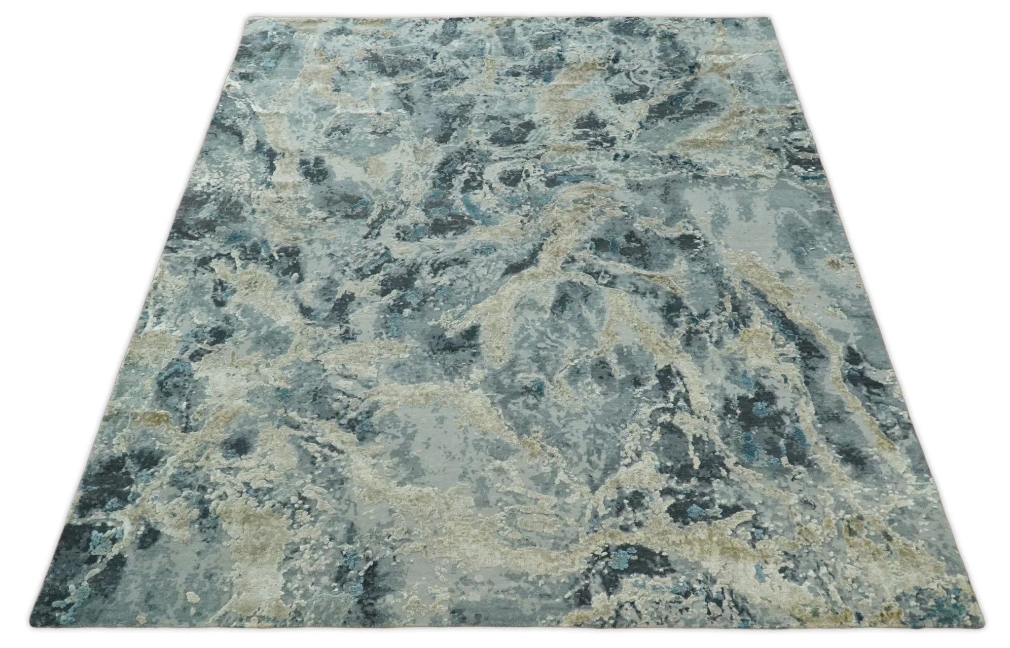 8x10 Rug | One of a Kind Blue and Silver Bamboo Silk Hand Made Modern Abstract Area Rug | SK29 - Image 11