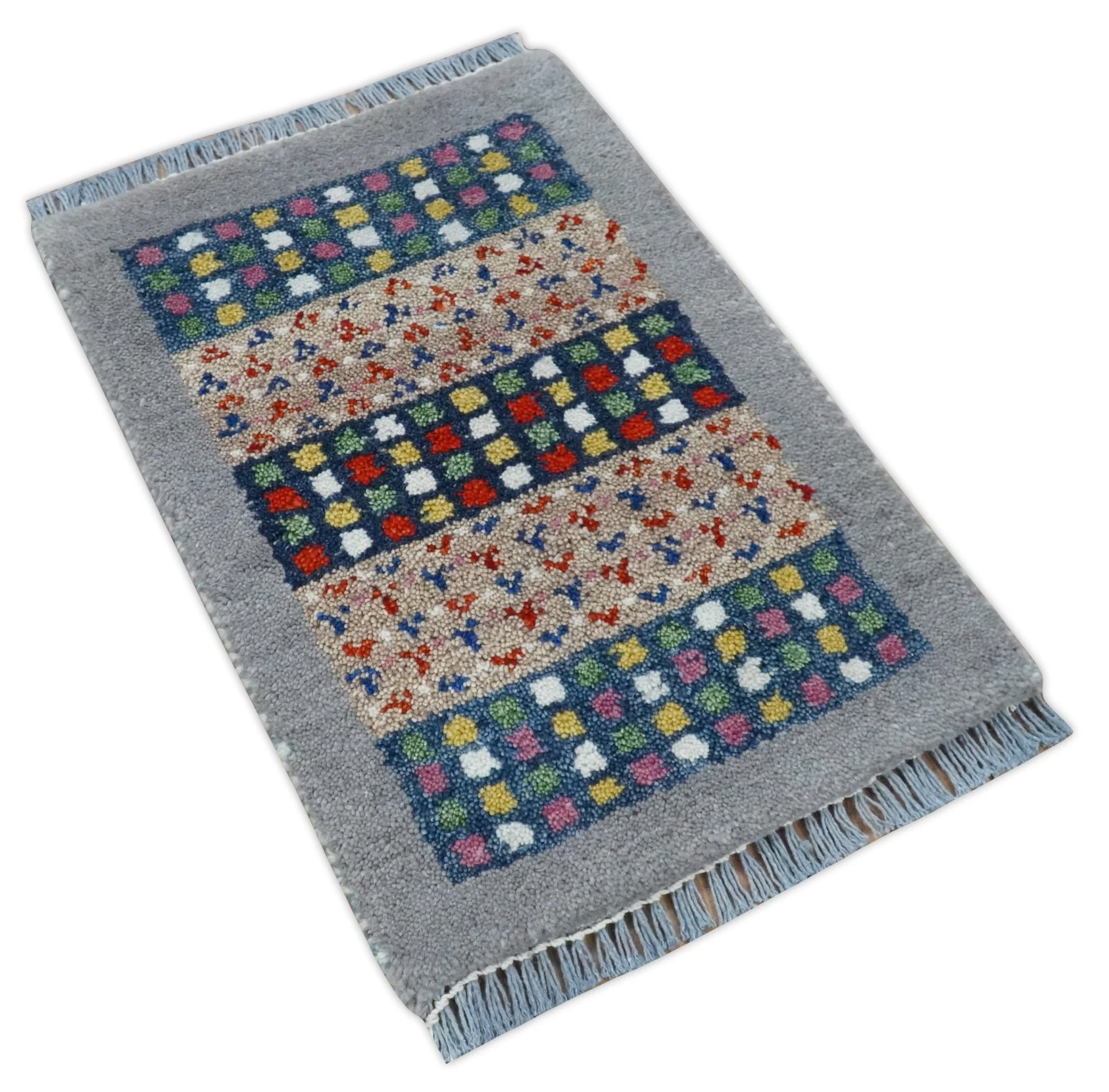 Small 1.5x2 Gray, Blue and Camel Wool Hand Knotted traditional Vintage Antique Southwestern Tribal Gabbeh | TRDCP566152 - Image 5