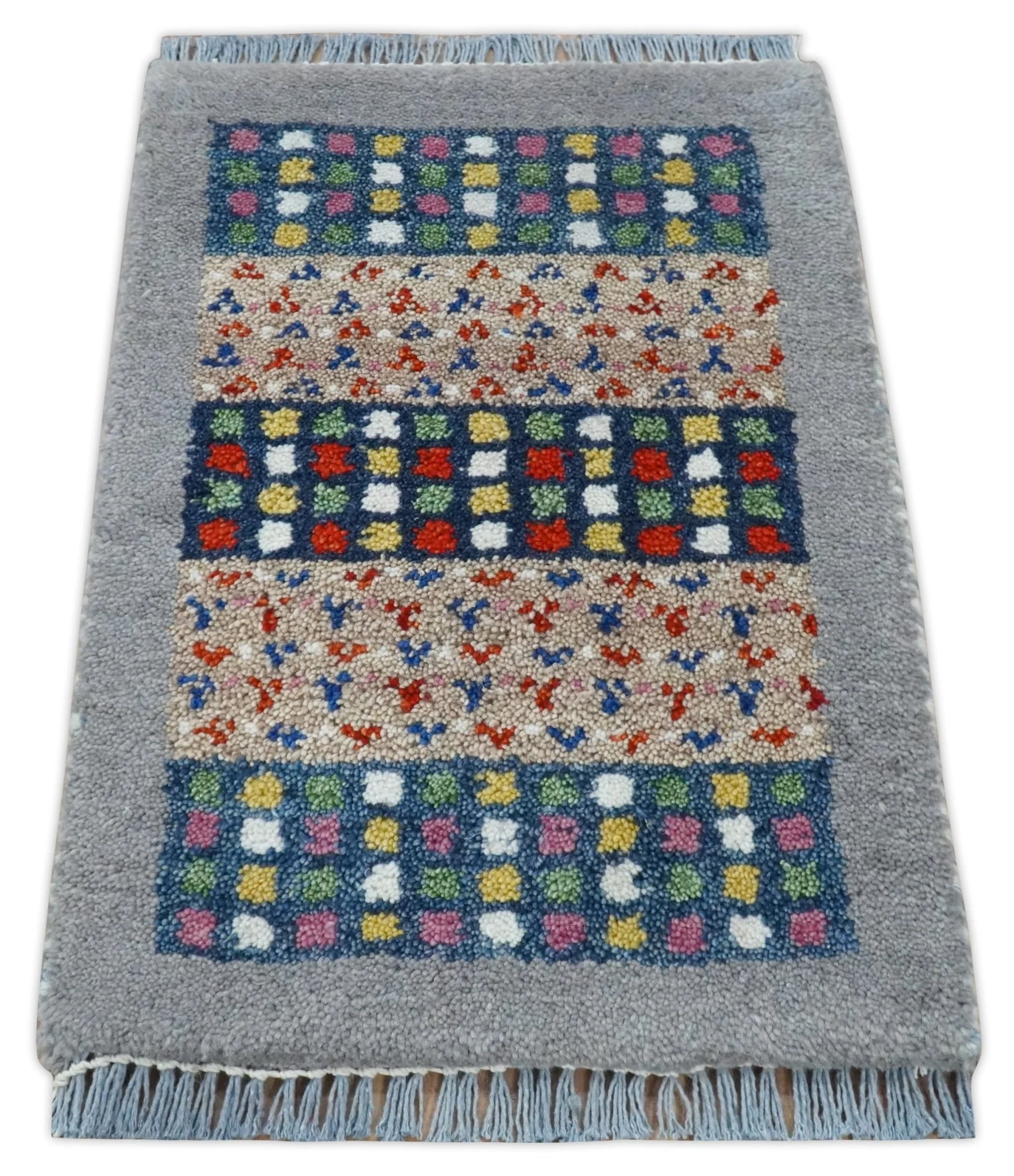 Small 1.5x2 Gray, Blue and Camel Wool Hand Knotted traditional Vintage Antique Southwestern Tribal Gabbeh | TRDCP566152 - Image 6