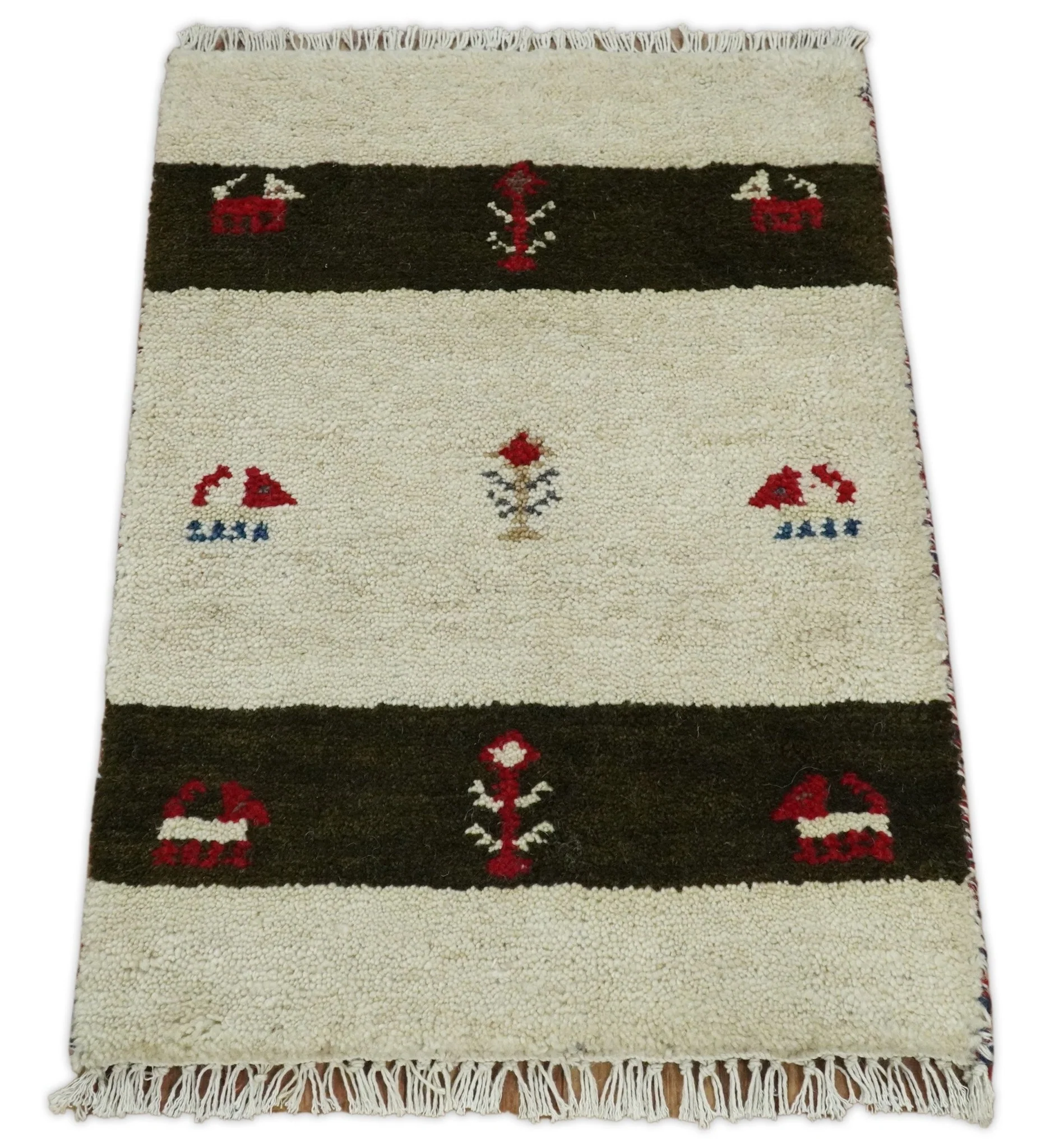 Small 1.5x2 White and Brown Wool Hand Knotted traditional Vintage Antique Southwestern Tribal Gabbeh | TRDCP356152 - Image 3