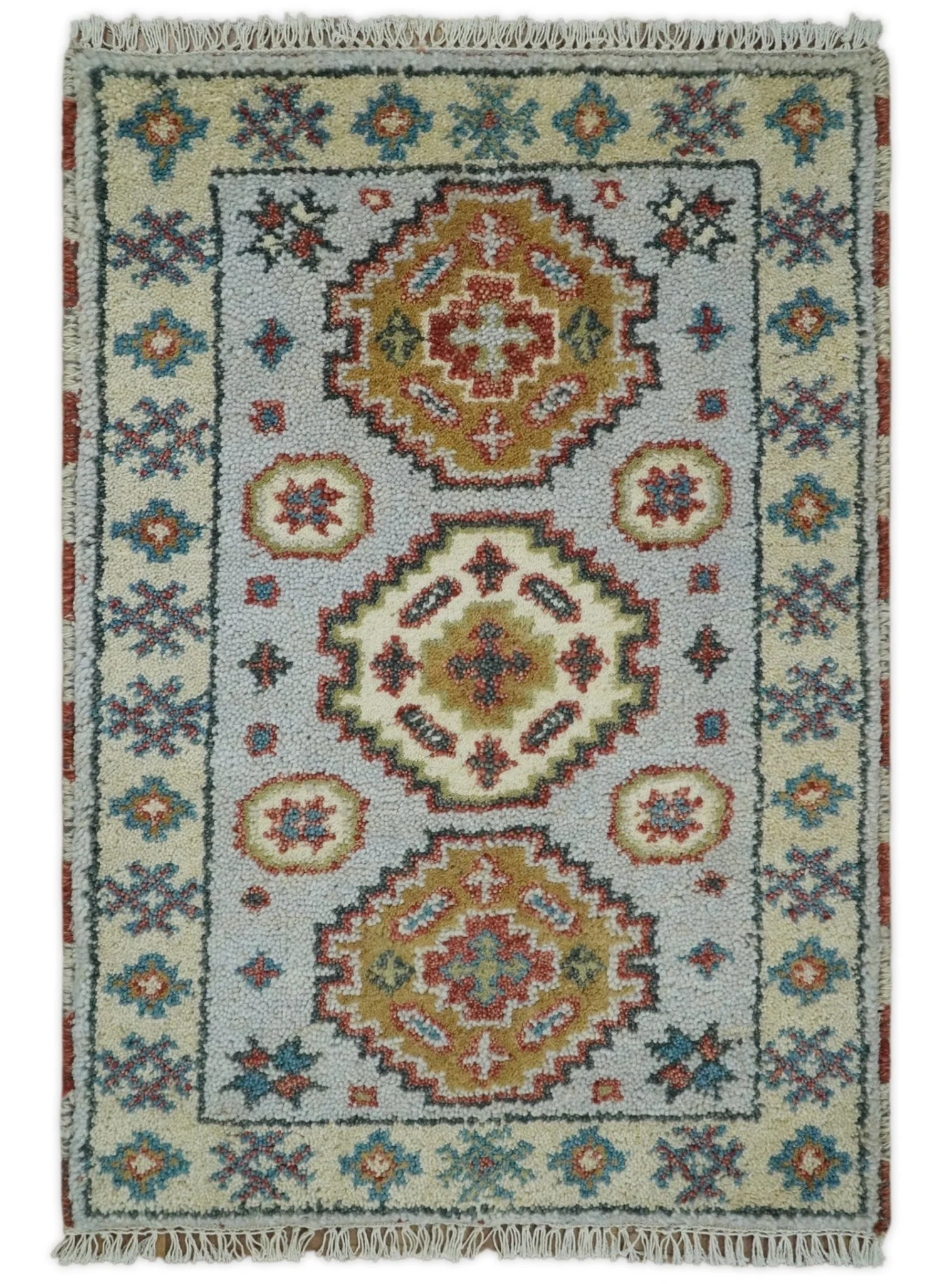 Small 2x3 Gray and Camel Wool Hand Knotted traditional Persian Vintage Antique Southwestern Kazak | TRDCP28123 - Image 6