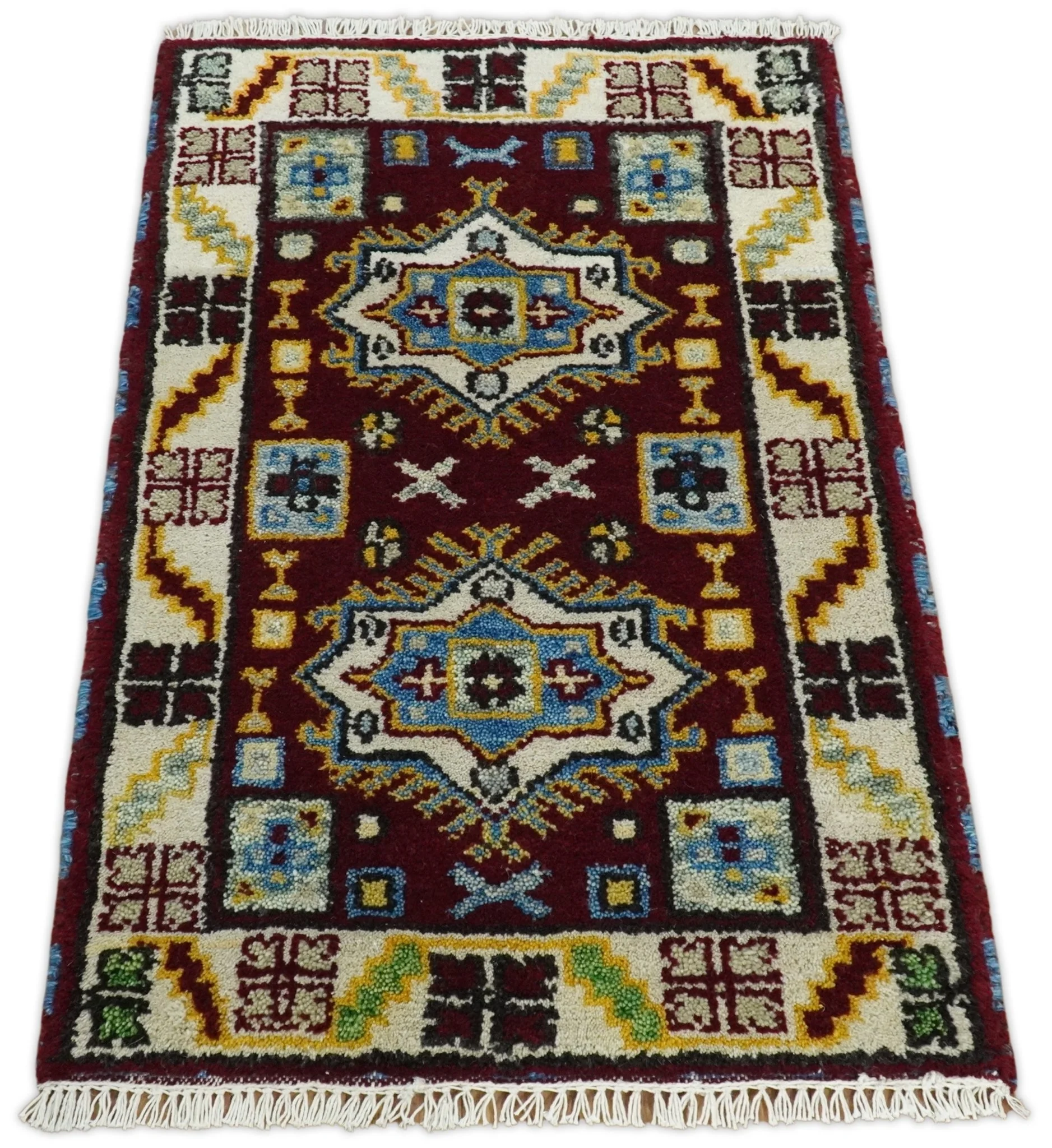 Small 2x3 Red and Beige Wool Hand Knotted traditional Persian Vintage Antique Southwestern Kazak | TRDCP20223 - Image 3