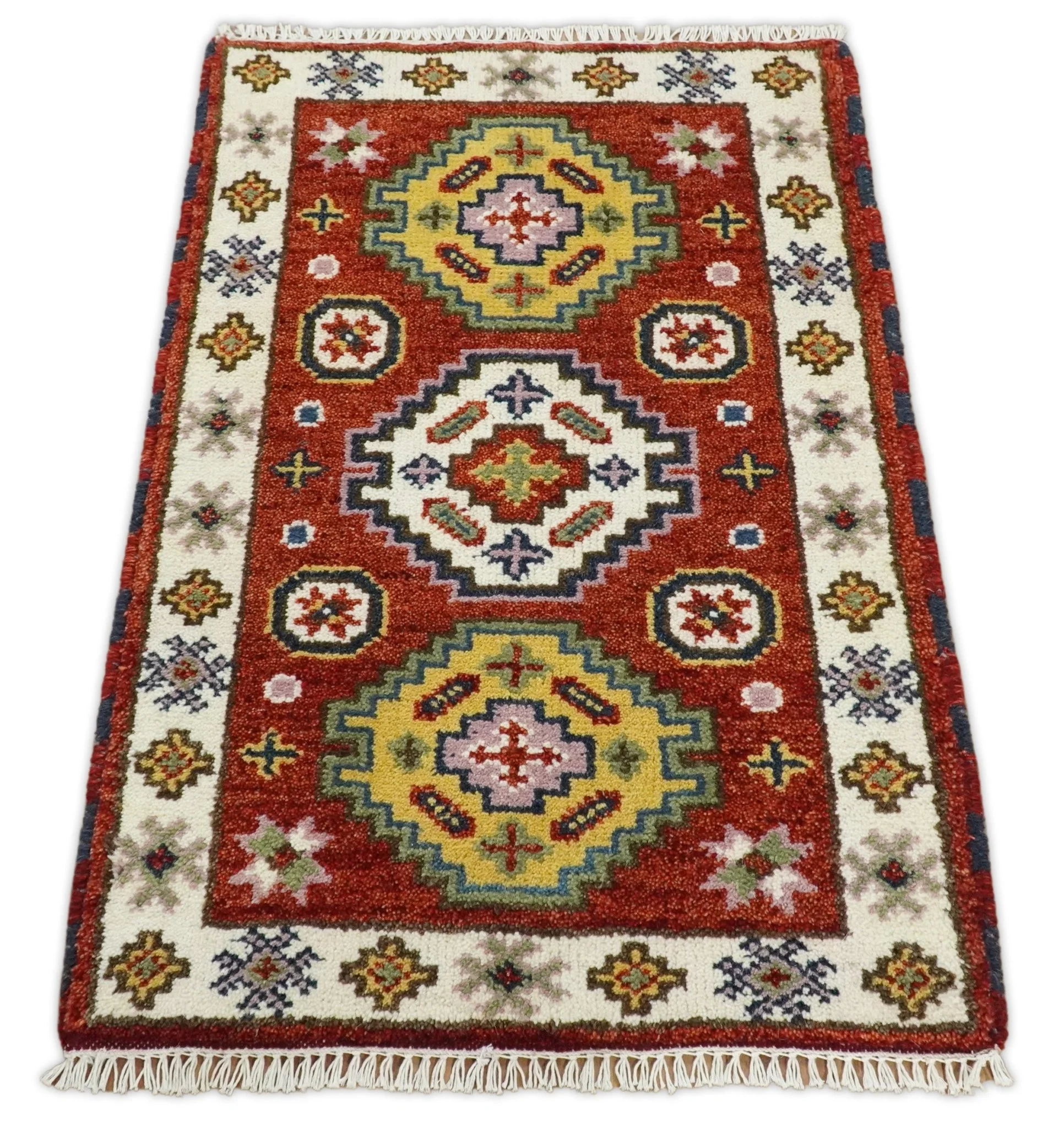 Small 2x3 Red and Ivory Wool Hand Knotted traditional Persian Vintage Antique Southwestern Kazak | TRDCP18323 - Image 3