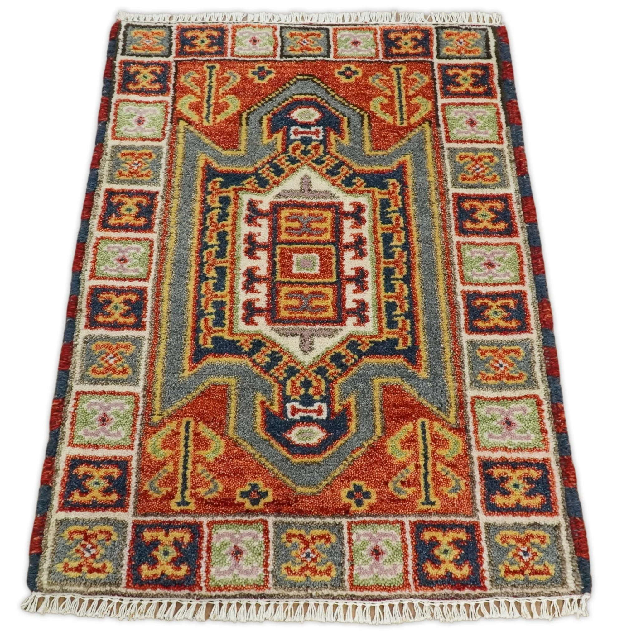 Small 2x3 Red and Ivory Wool Hand Knotted traditional Persian Vintage Antique Southwestern Kazak | TRDCP18923 - Image 3