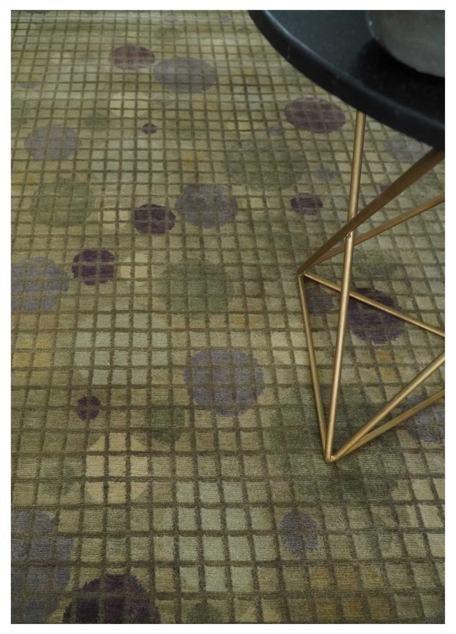 Soft Green, Olive and Purple Geometrical Polka Dot 5x8 Hand knotted Rug - Image 2