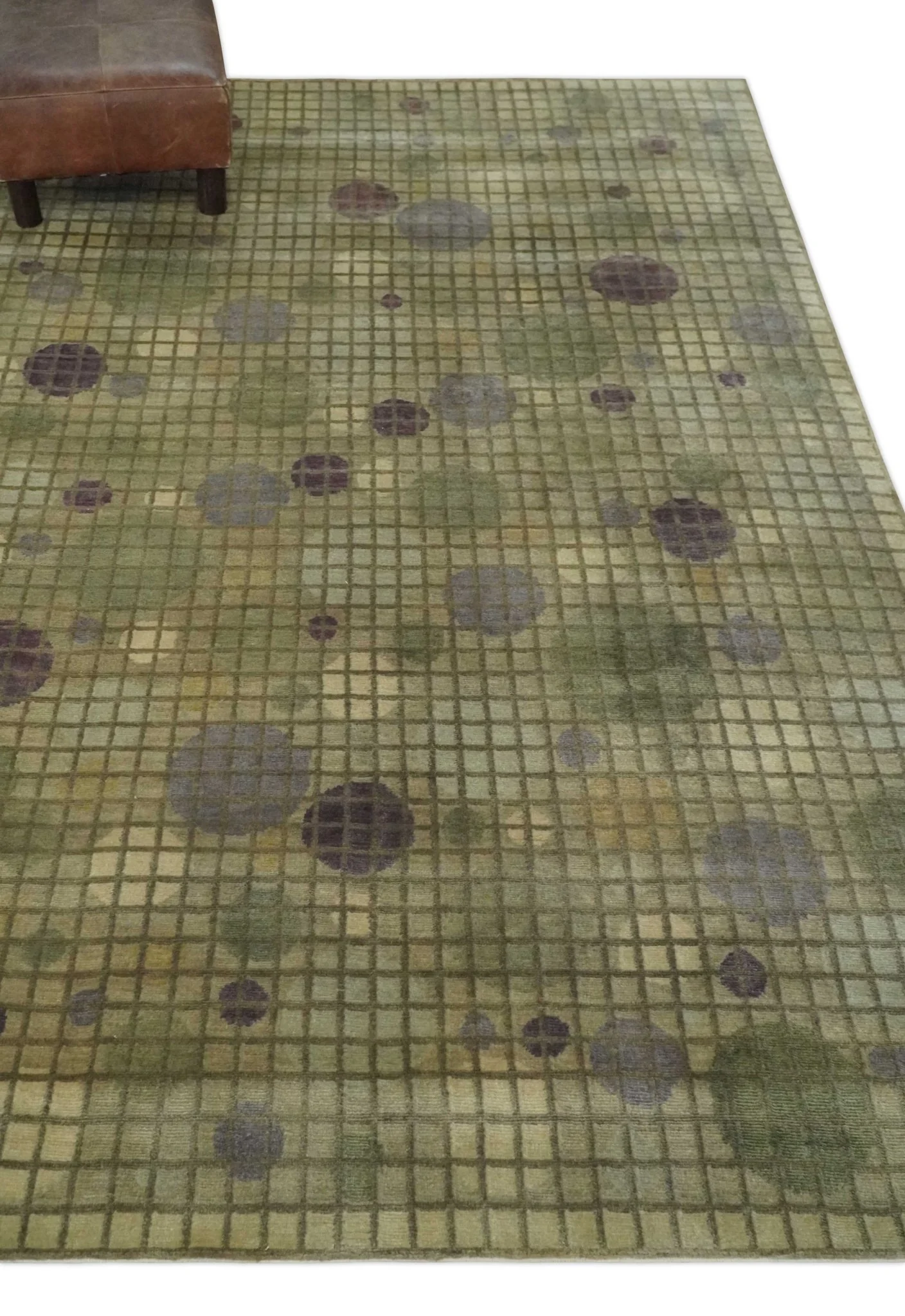 Soft Green, Olive and Purple Geometrical Polka Dot 5x8 Hand knotted Rug - Image 3