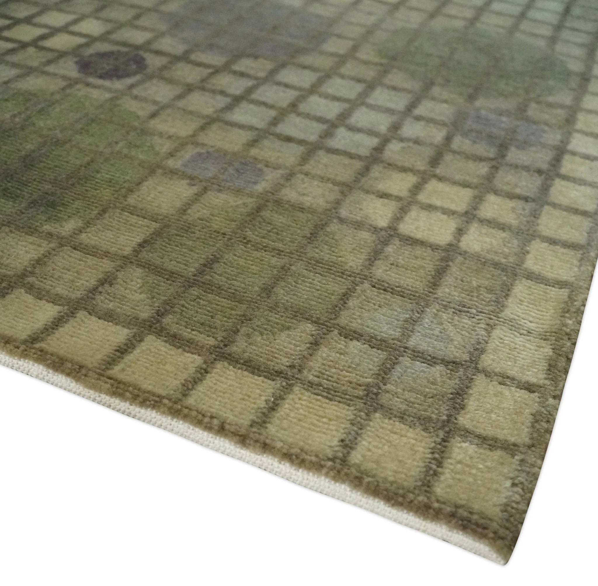 Soft Green, Olive and Purple Geometrical Polka Dot 5x8 Hand knotted Rug - Image 5
