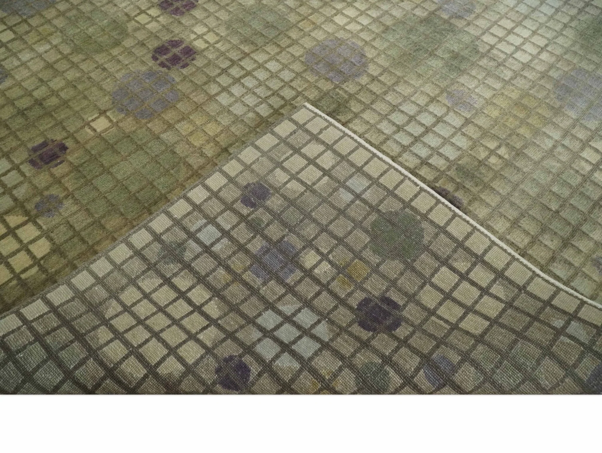 Soft Green, Olive and Purple Geometrical Polka Dot 5x8 Hand knotted Rug - Image 7
