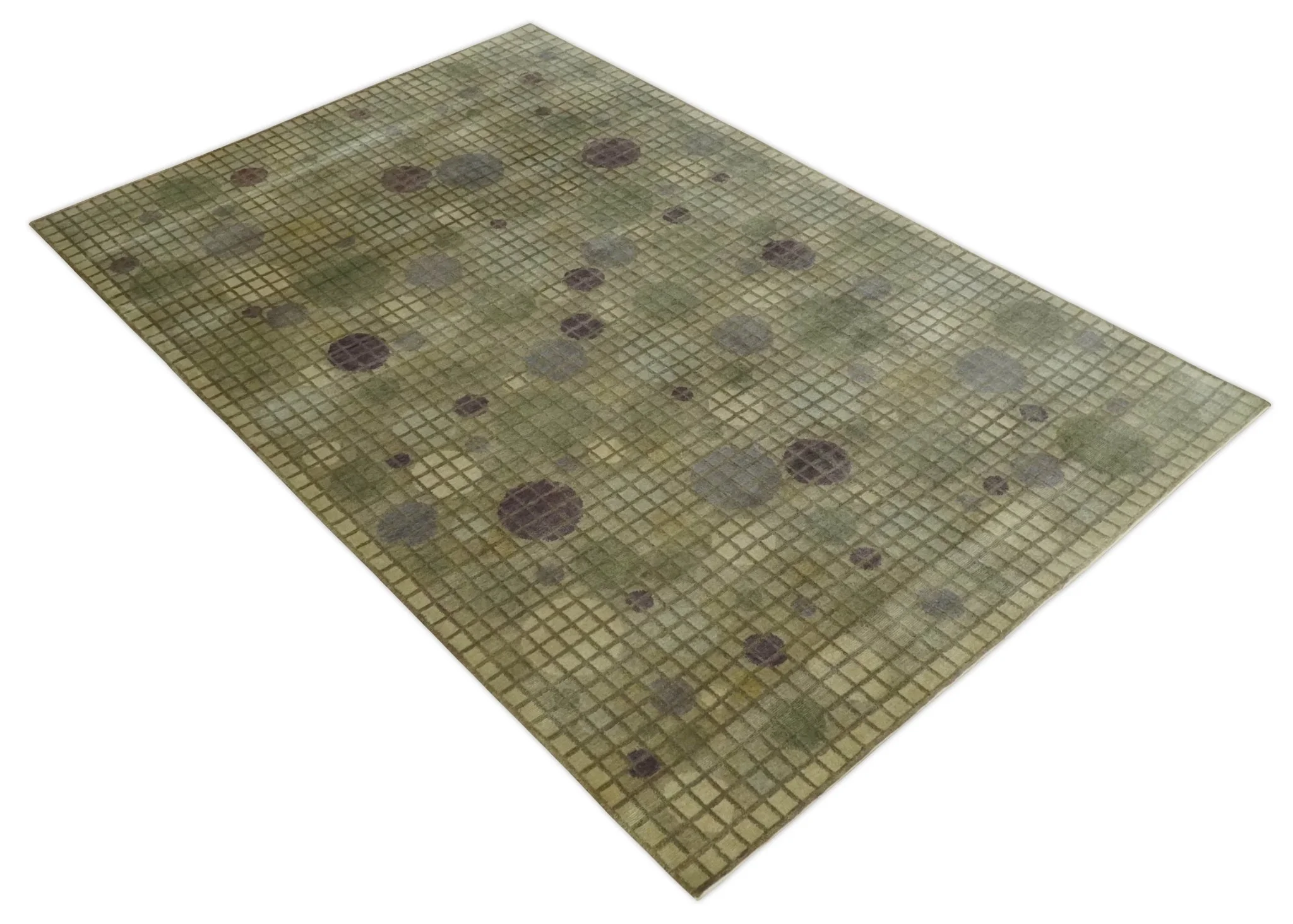 Soft Green, Olive and Purple Geometrical Polka Dot 5x8 Hand knotted Rug - Image 8