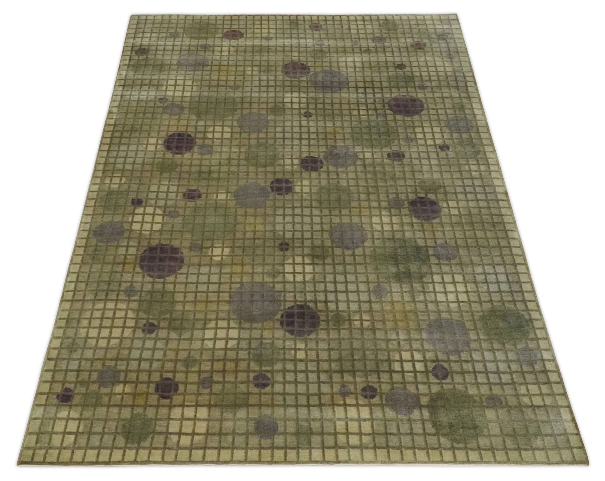 Soft Green, Olive and Purple Geometrical Polka Dot 5x8 Hand knotted Rug - Image 9