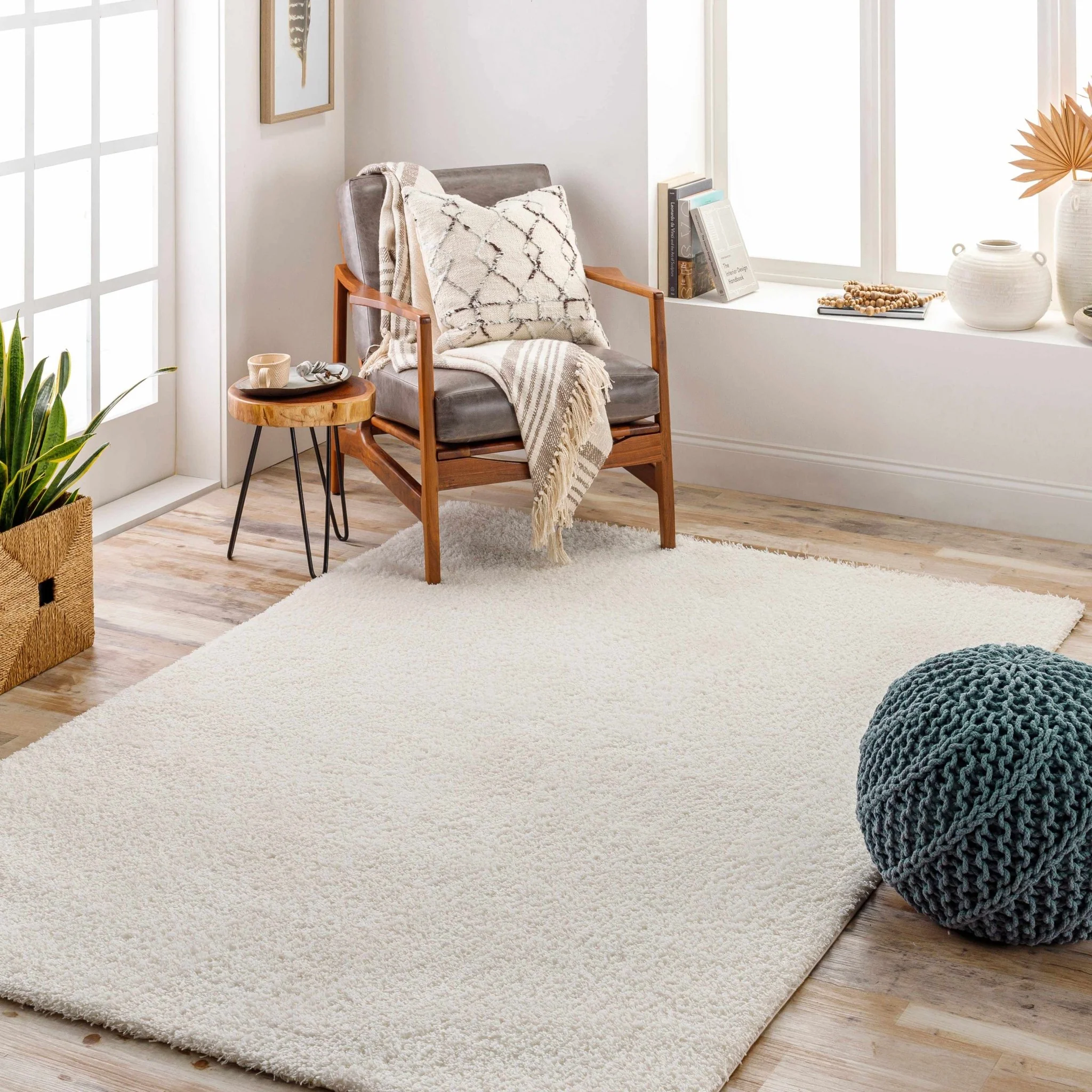 Premium look Solid Beige Woven Moroccan Design Silk Blended Plush Pile Rug - Image 2