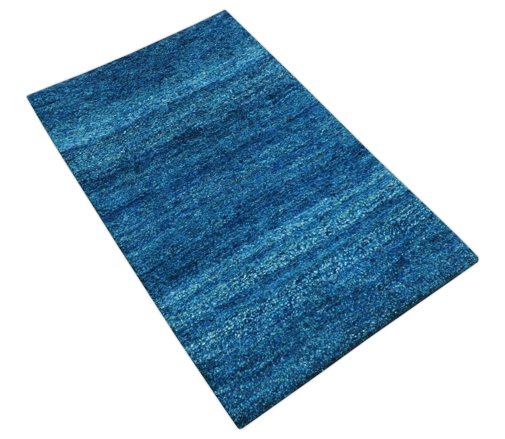 High Pile Blue Hand knotted Contemporary Custom Made Solid Afghan wool Area Rug - Image 9